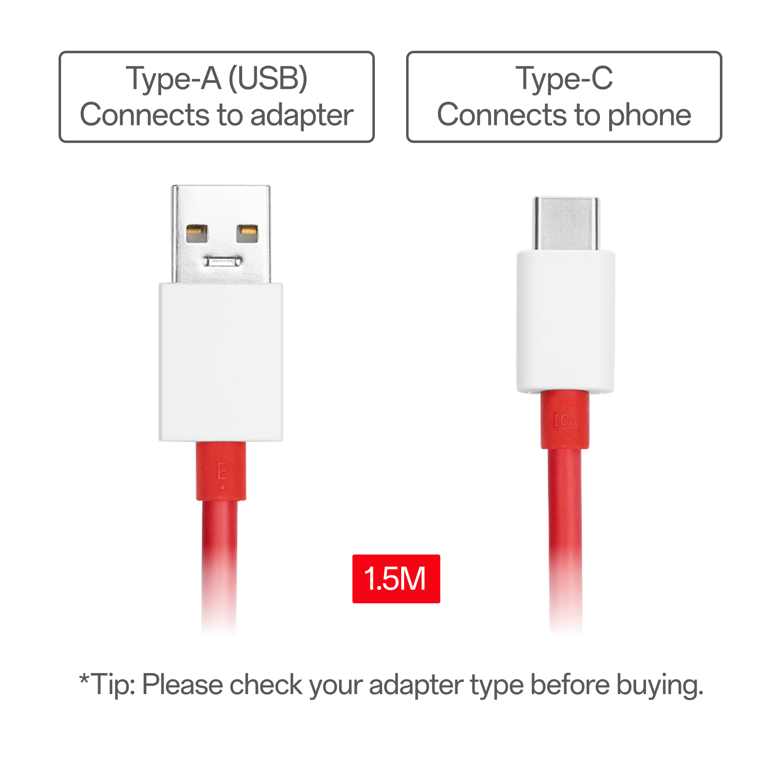 OnePlus USB-A to Type-C Cable 10A 1.5M Red Data Cable