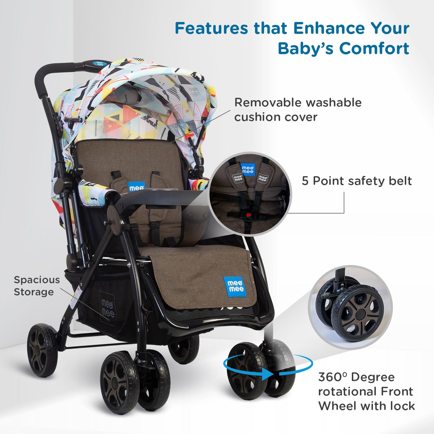 Mee Mee Cozy Cruise Baby Stroller/ Pram | Premium Pram, Easily Foldable with 5 Point Safety Harness, One Hand Fold, Multi Level Recline Cushioned Seat, Canopy & Footrest | Fully Rotating