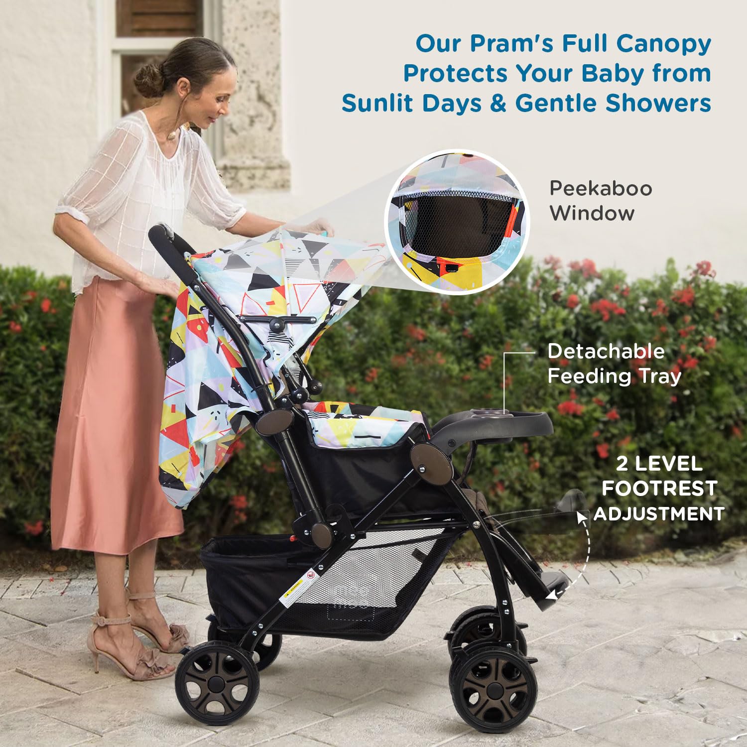 Mee Mee Cozy Cruise Baby Stroller/ Pram | Premium Pram, Easily Foldable with 5 Point Safety Harness, One Hand Fold, Multi Level Recline Cushioned Seat, Canopy & Footrest | Fully Rotating