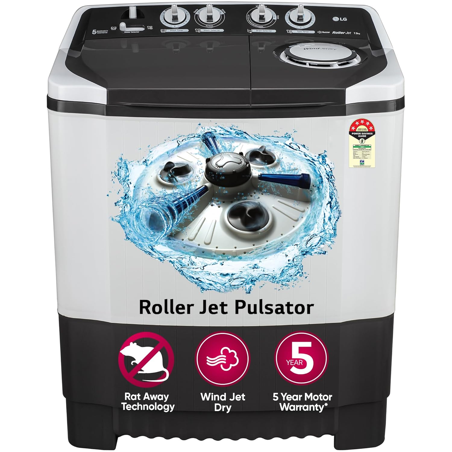 LG 7.5 kg 5 Star Wind jet dry Semi-Automatic Top Load Washing Machine