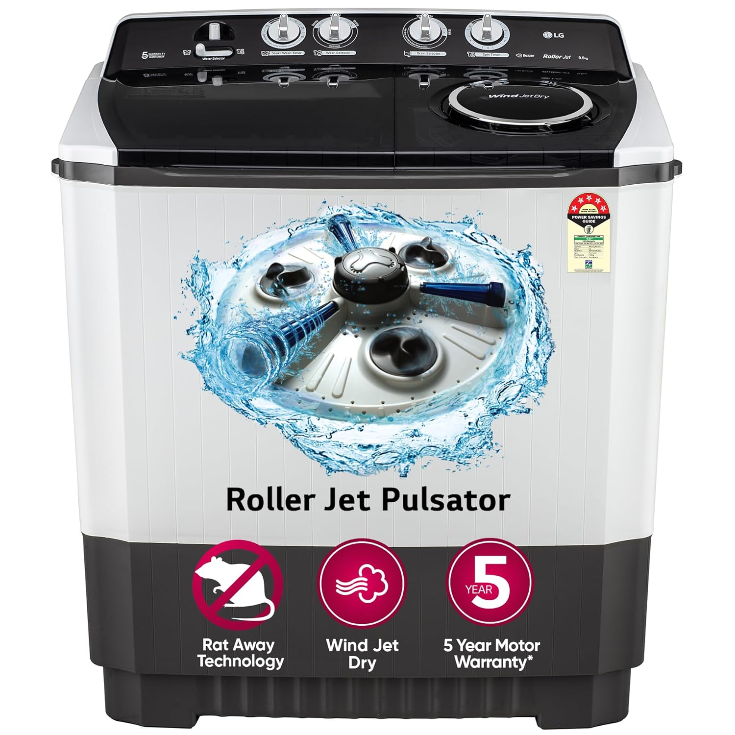 LG 9.5 kg 5 Star Wind jet dry Semi-Automatic Top Load Washing Machine