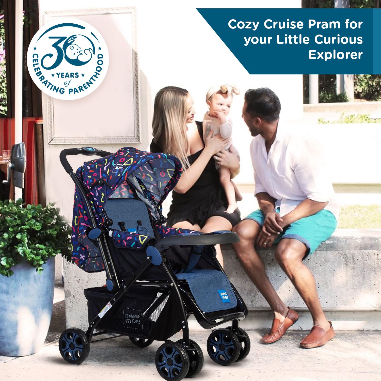 Mee Mee Cozy Cruise Baby Stroller/ Pram | Premium Pram, Easily Foldable with 5 Point Safety Harness, One Hand Fold, Multi Level Recline Cushioned Seat, Canopy & Footrest | Fully Rotating