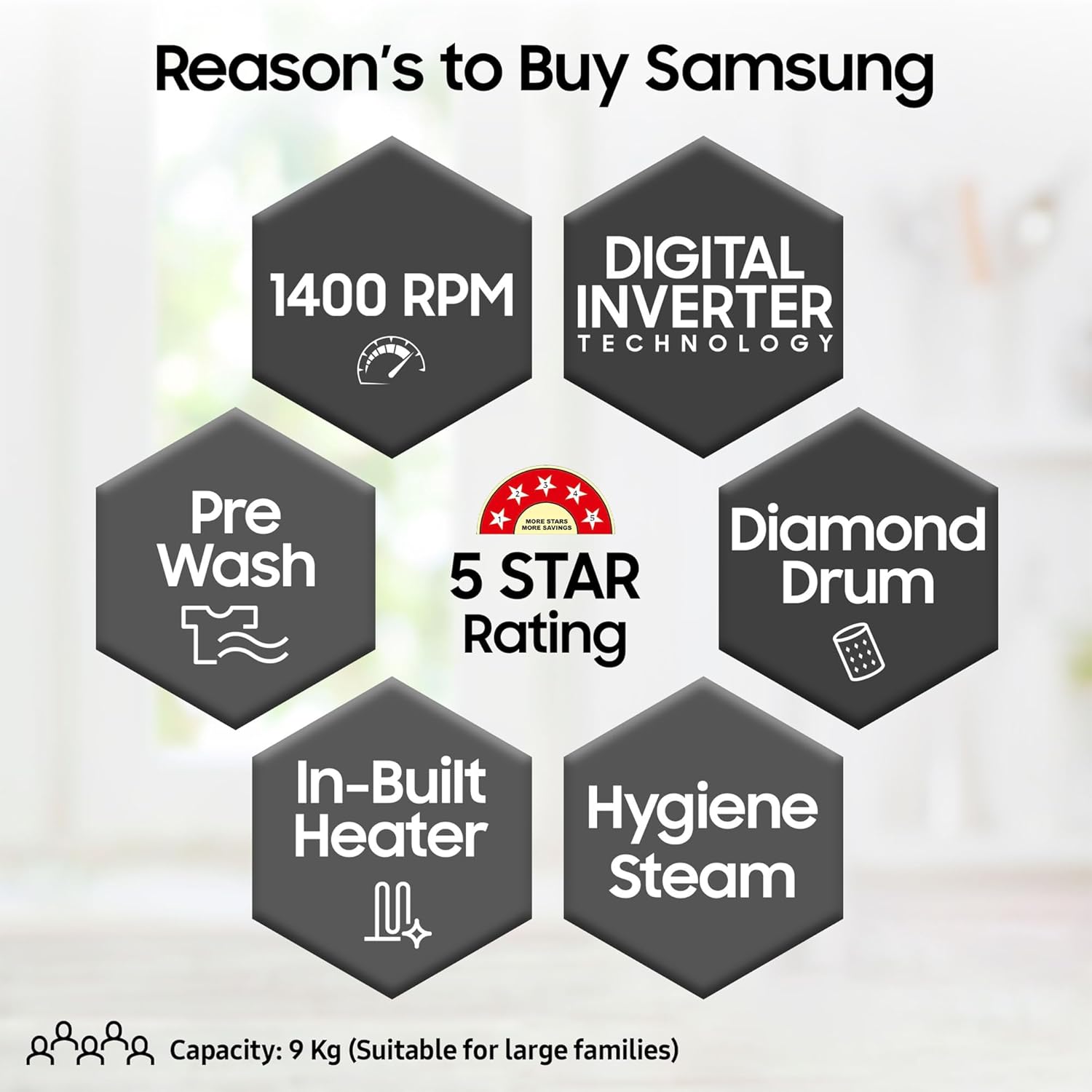 Samsung 9 kg, 5 Star, Hygiene Steam with Inbuilt Heater, Digital Inverter, Fully-Automatic Front Load Washing Machine