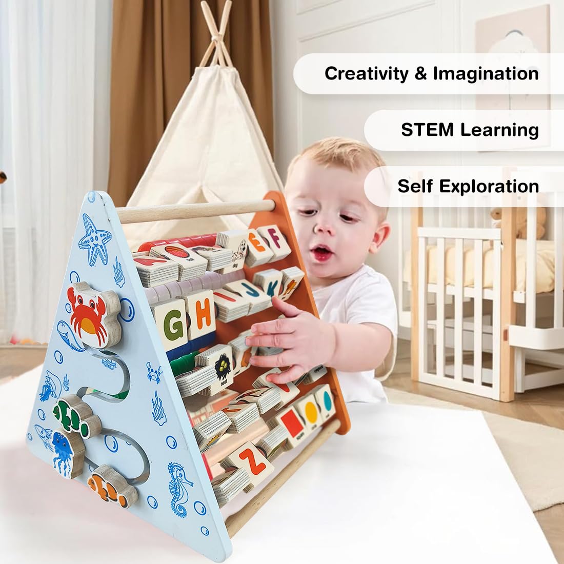Wembley 5 in 1 Wooden Montessori Learning Educational Activity Toys for 1+ Year Old Baby Boy Girl | Learn Alphabet, Abacus, Writing Drawing,