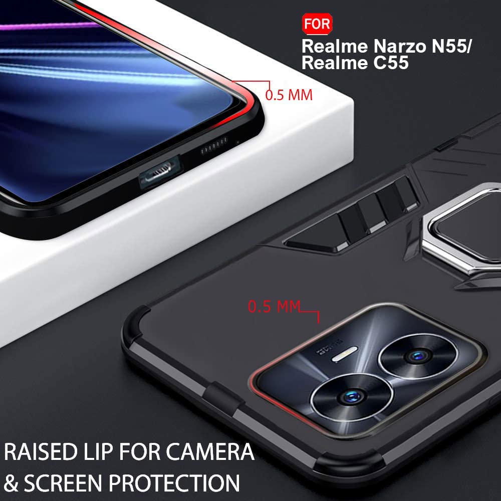 Protect Polycarbonate Tough Armor Bumper Back Case Cover For Realme Narzo C55 |Ring Holder & Kickstand In-Built|360 Degree Protection Back Case