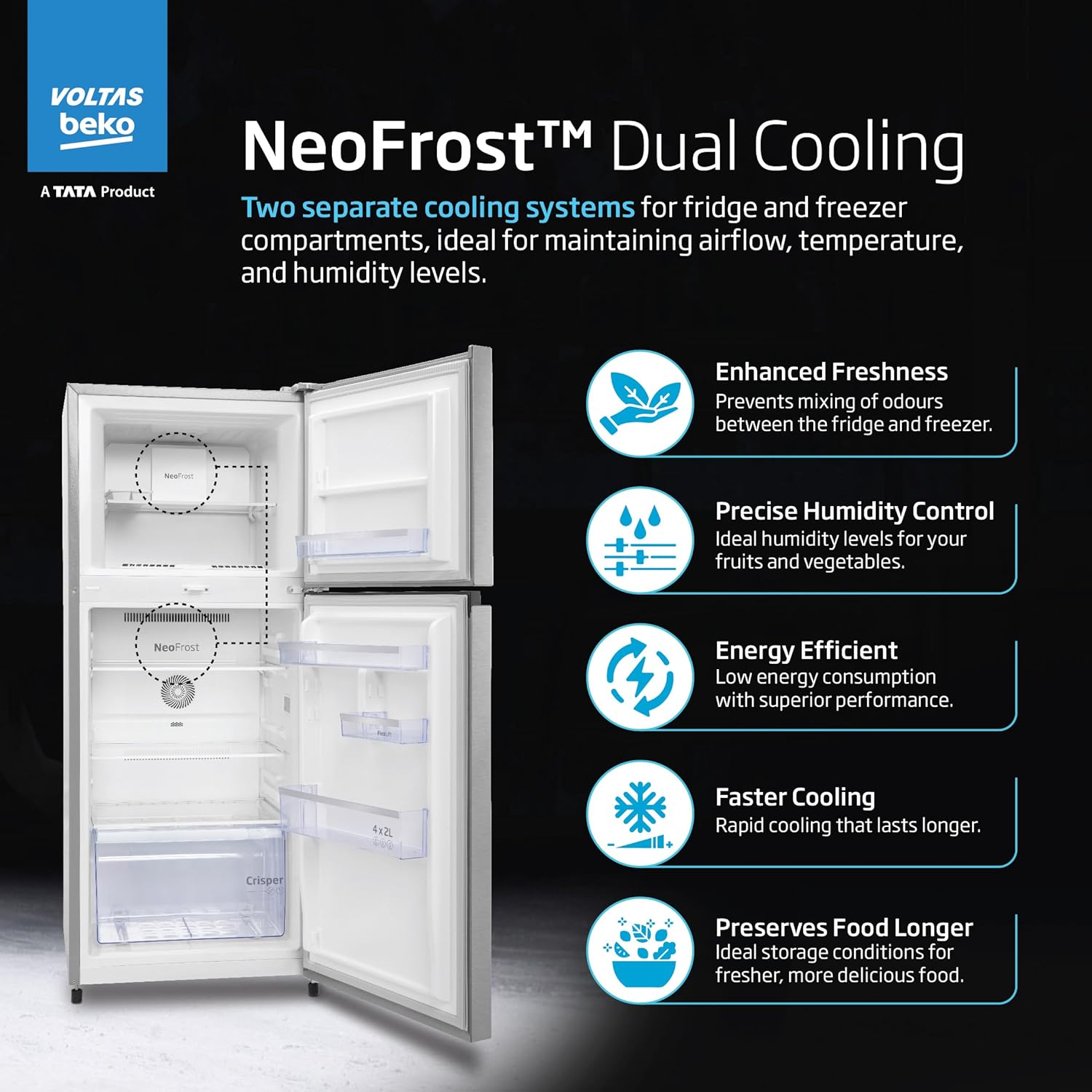 Voltas Beko, A Tata Product 228 L, 2-Star Made in India Double Door Frost Free Refrigerator