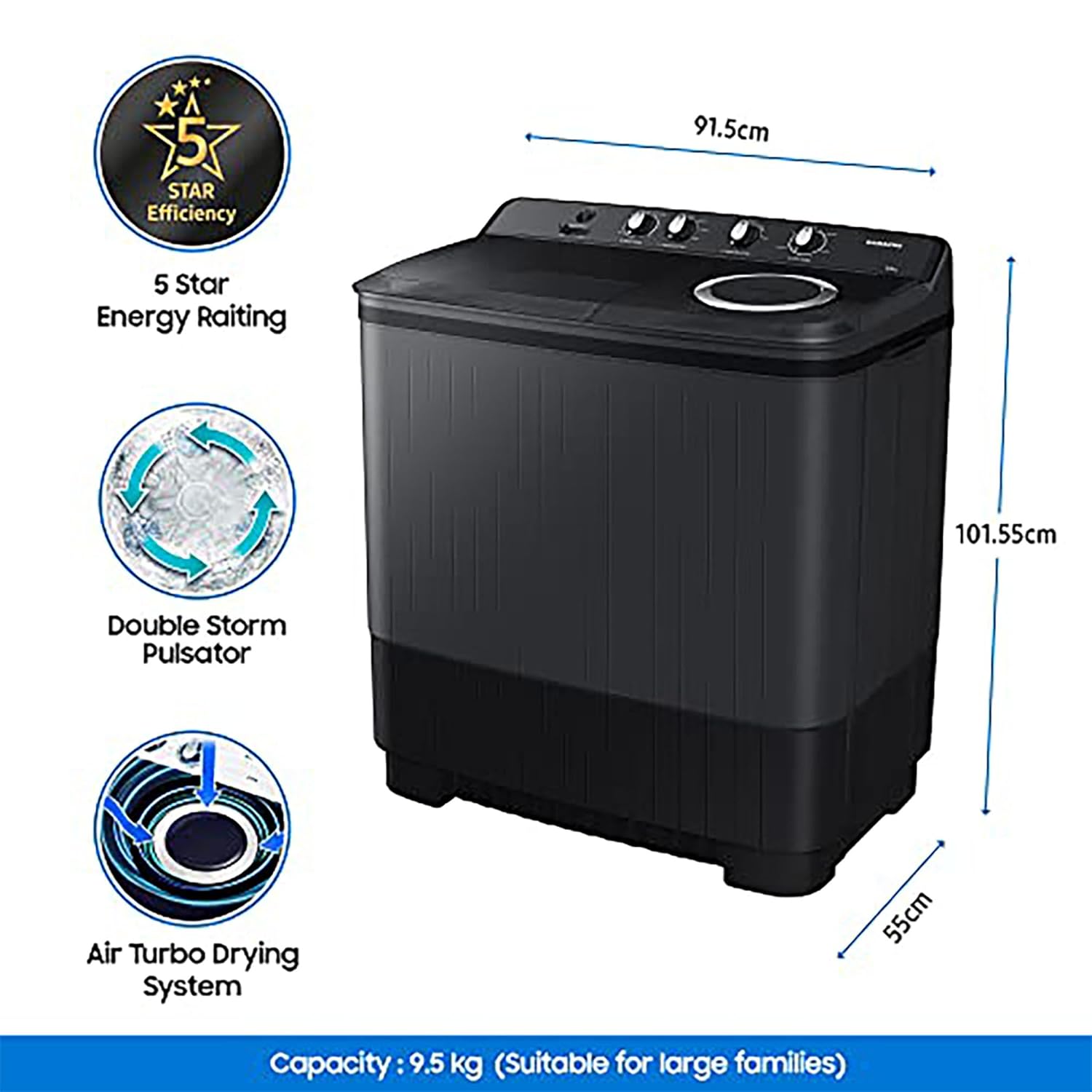 Samsung 9.5 kg, 5 Star, Hexa Storm Pulsator, Semi-Automatic Top Load Washing Machine