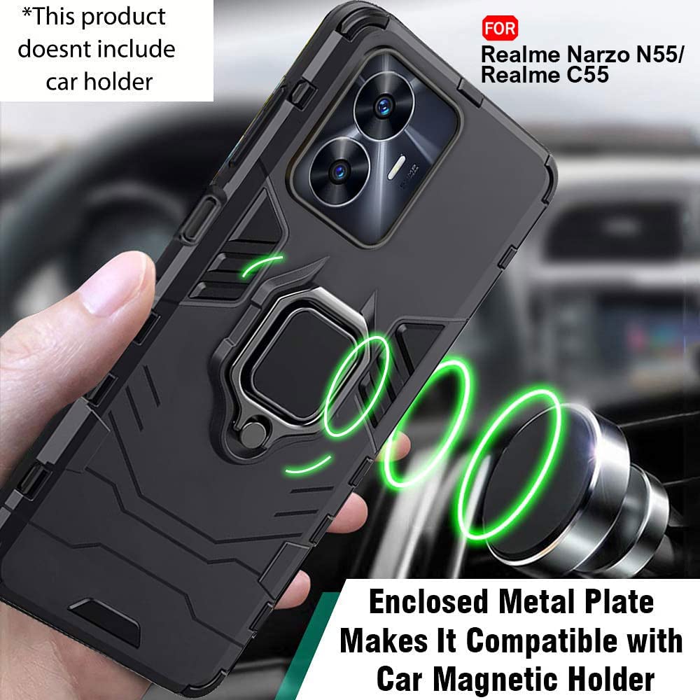 Protect Polycarbonate Tough Armor Bumper Back Case Cover For Realme Narzo C55 |Ring Holder & Kickstand In-Built|360 Degree Protection Back Case