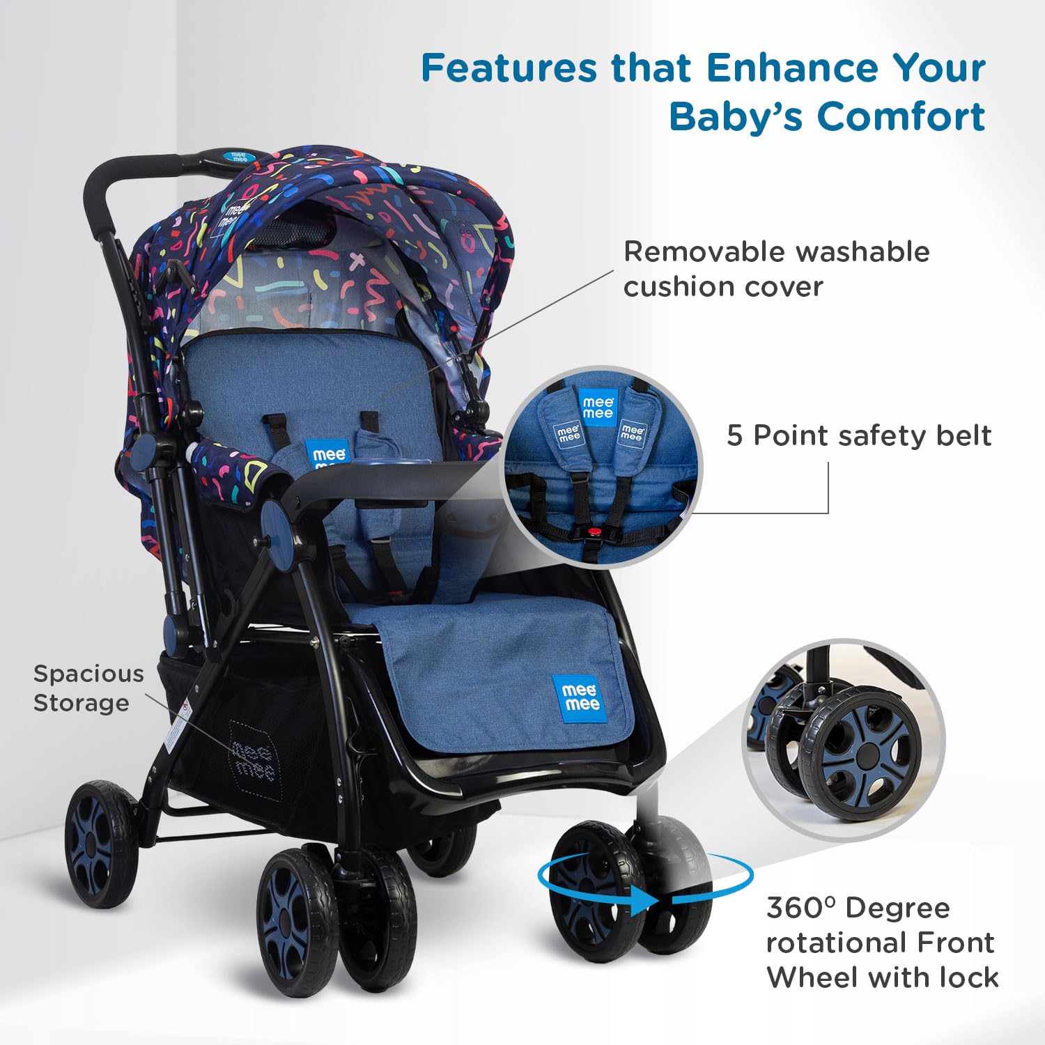 Mee Mee Cozy Cruise Baby Stroller/ Pram | Premium Pram, Easily Foldable with 5 Point Safety Harness, One Hand Fold, Multi Level Recline Cushioned Seat, Canopy & Footrest | Fully Rotating