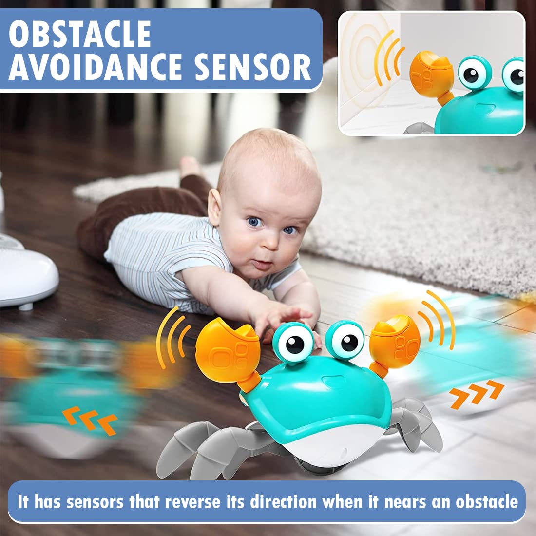 Wembley Crawling Crab Baby Toy for Kids Toddlers Infant Tummy Time Interactive Moving Toys for Babies 12 Months Electric Sensor Musical Dancing Walking Crab Toy Gift for Kids 1 2 3 Year Rechargeable