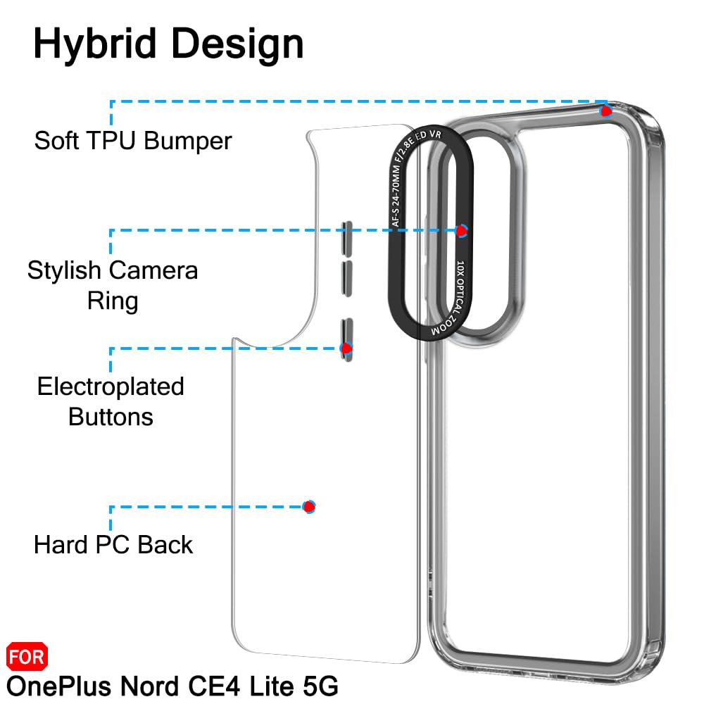 Protect Hybrid Shockproof OnePlus Nord CE 4 Lite 5G Back Cover Case | Stylish Camera Border | Plated Buttons | Crystal Clear Hard Back Case