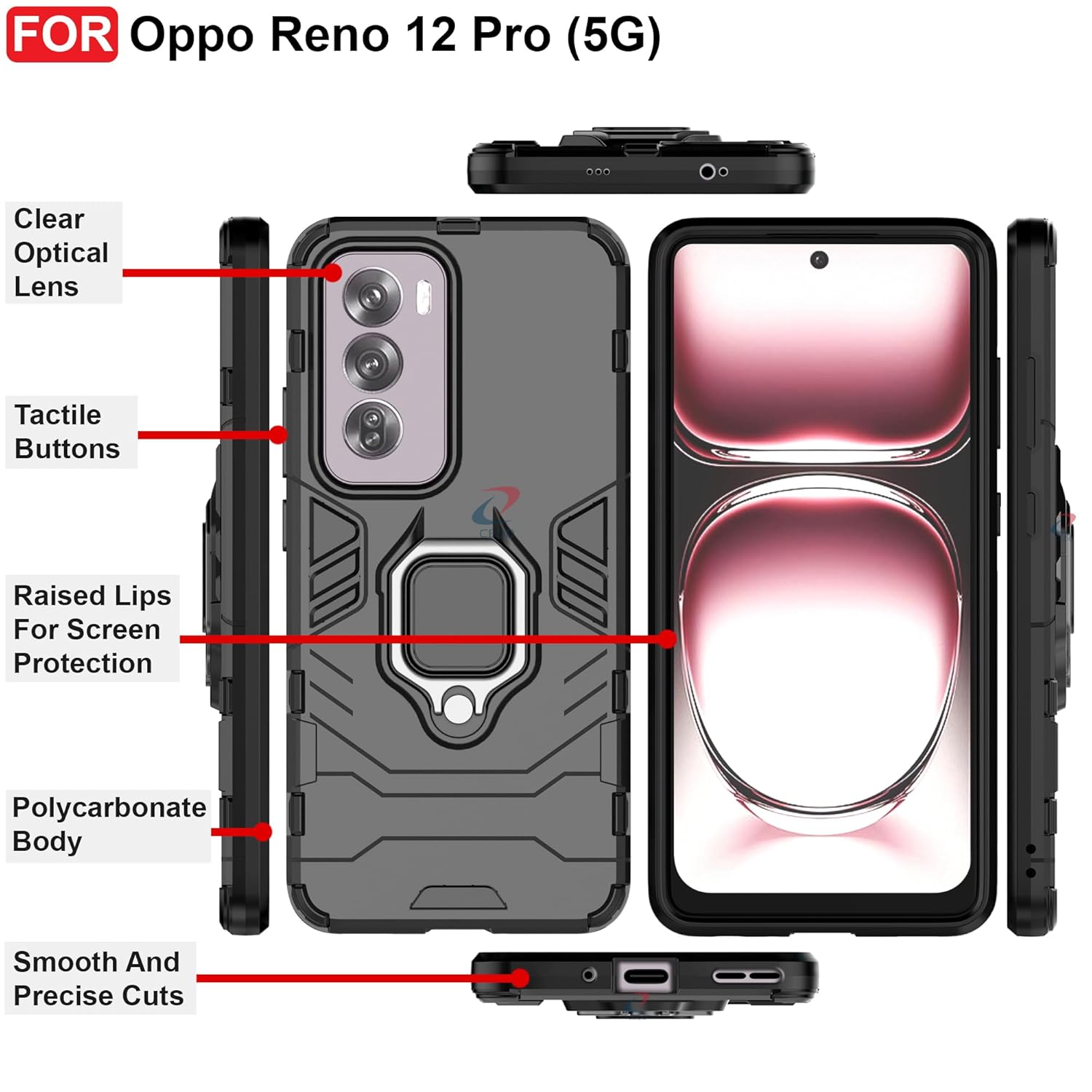 Protect Rugged Oppo Reno 12 Pro (5G) Kickstand Case | Built-in Stand Rotating Ring Holder | Military Grade Armor Bumper Back Cover