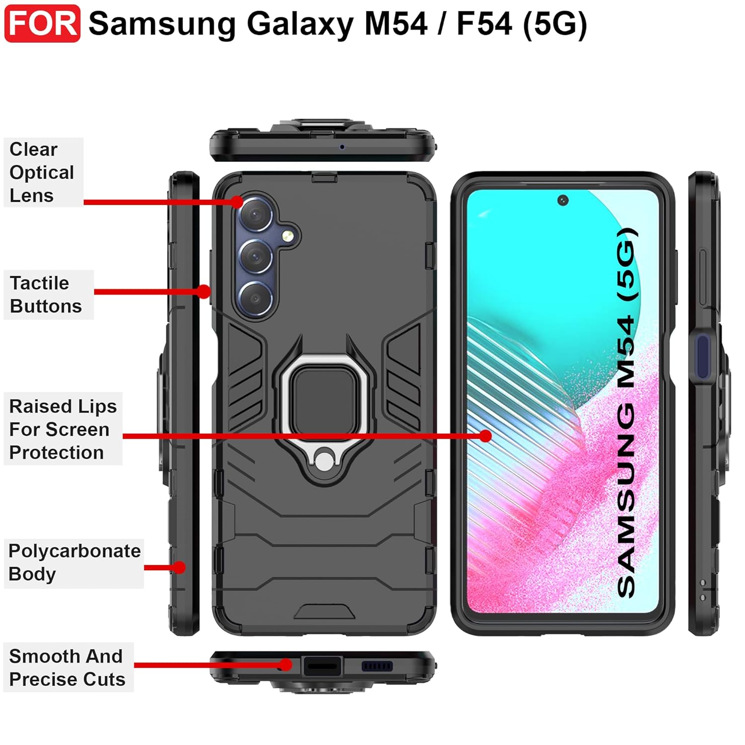 Protect Rugged Samsung Galaxy M54 / F54 (5G) Defender Case | Rotating Ring Holder & Kickstand in-Built | Military Grade Armor | Bumper Back Cover