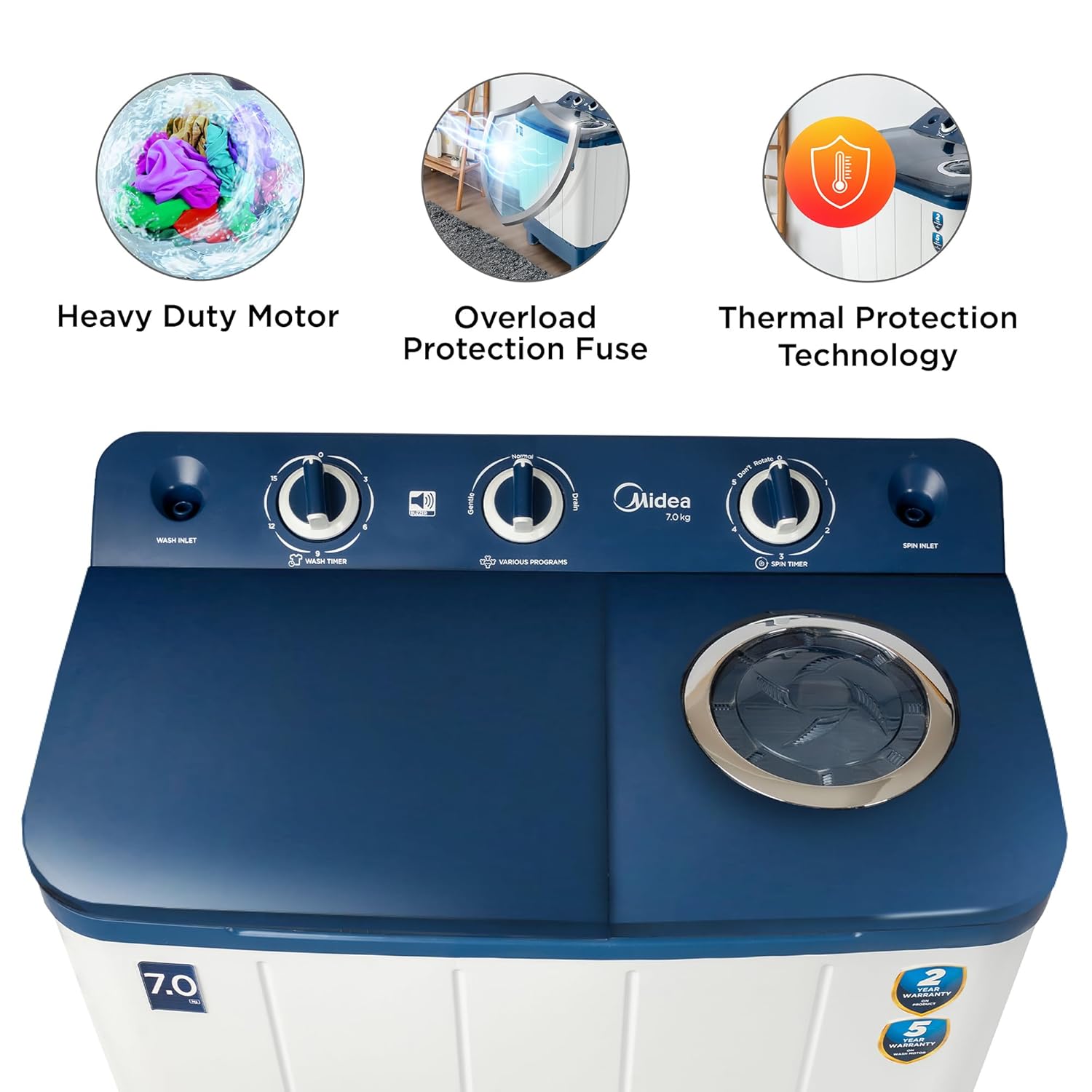 Midea 7 KG Semi Automatic Top Loading Washing Machine