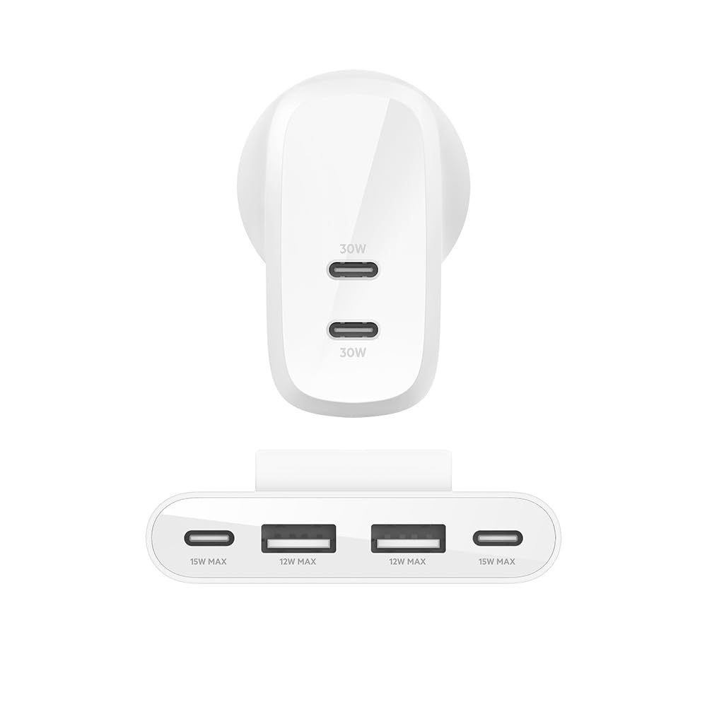 Belkin 60W (30w + 30W) Dual USB-C PPS Fast Charging Wall Charger/Adapter with 4-Port (2 USB-C & 2 USB-A) 2 Meter Power Extender