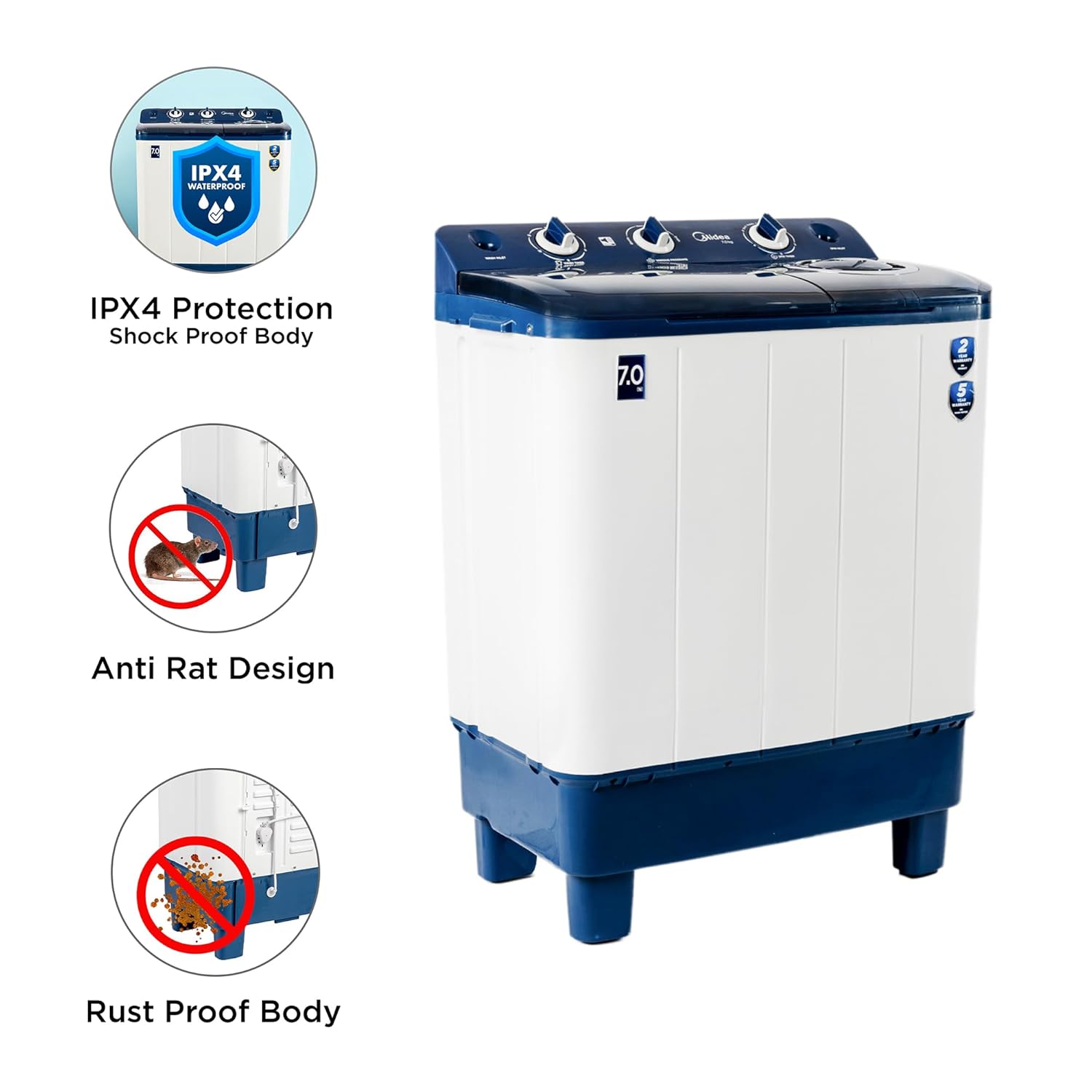 Midea 7 KG Semi Automatic Top Loading Washing Machine