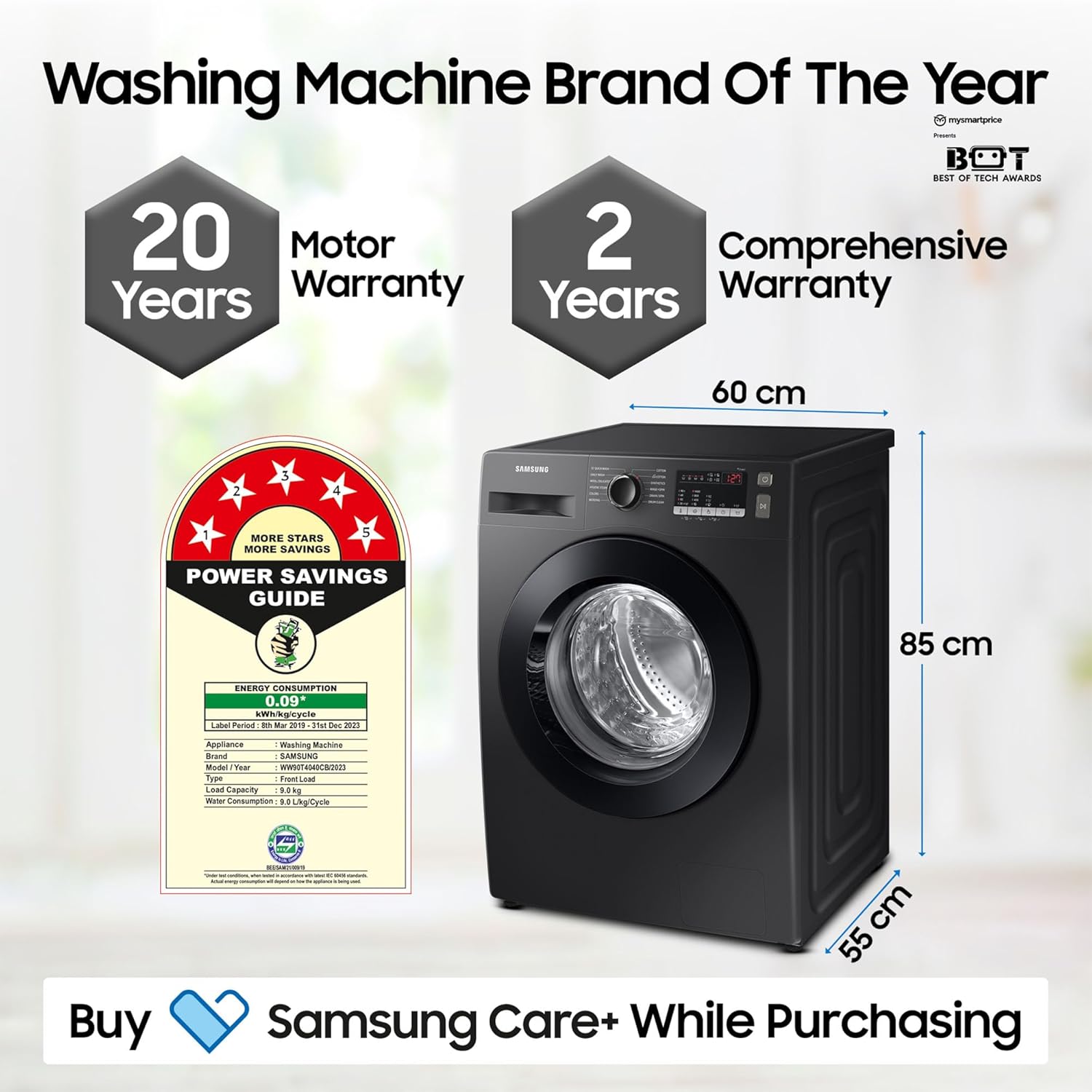 Samsung 9 kg, 5 Star, Hygiene Steam with Inbuilt Heater, Digital Inverter, Fully-Automatic Front Load Washing Machine