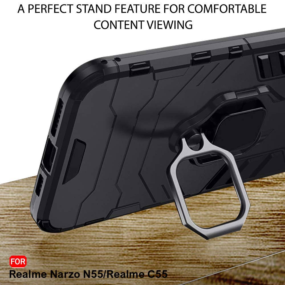 Protect Polycarbonate Tough Armor Bumper Back Case Cover For Realme Narzo C55 |Ring Holder & Kickstand In-Built|360 Degree Protection Back Case