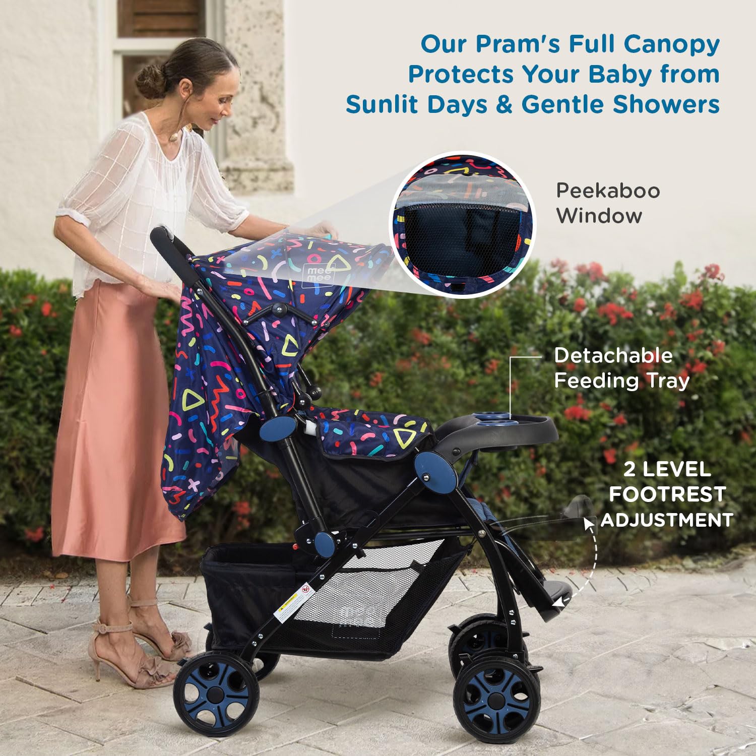 Mee Mee Cozy Cruise Baby Stroller/ Pram | Premium Pram, Easily Foldable with 5 Point Safety Harness, One Hand Fold, Multi Level Recline Cushioned Seat, Canopy & Footrest | Fully Rotating
