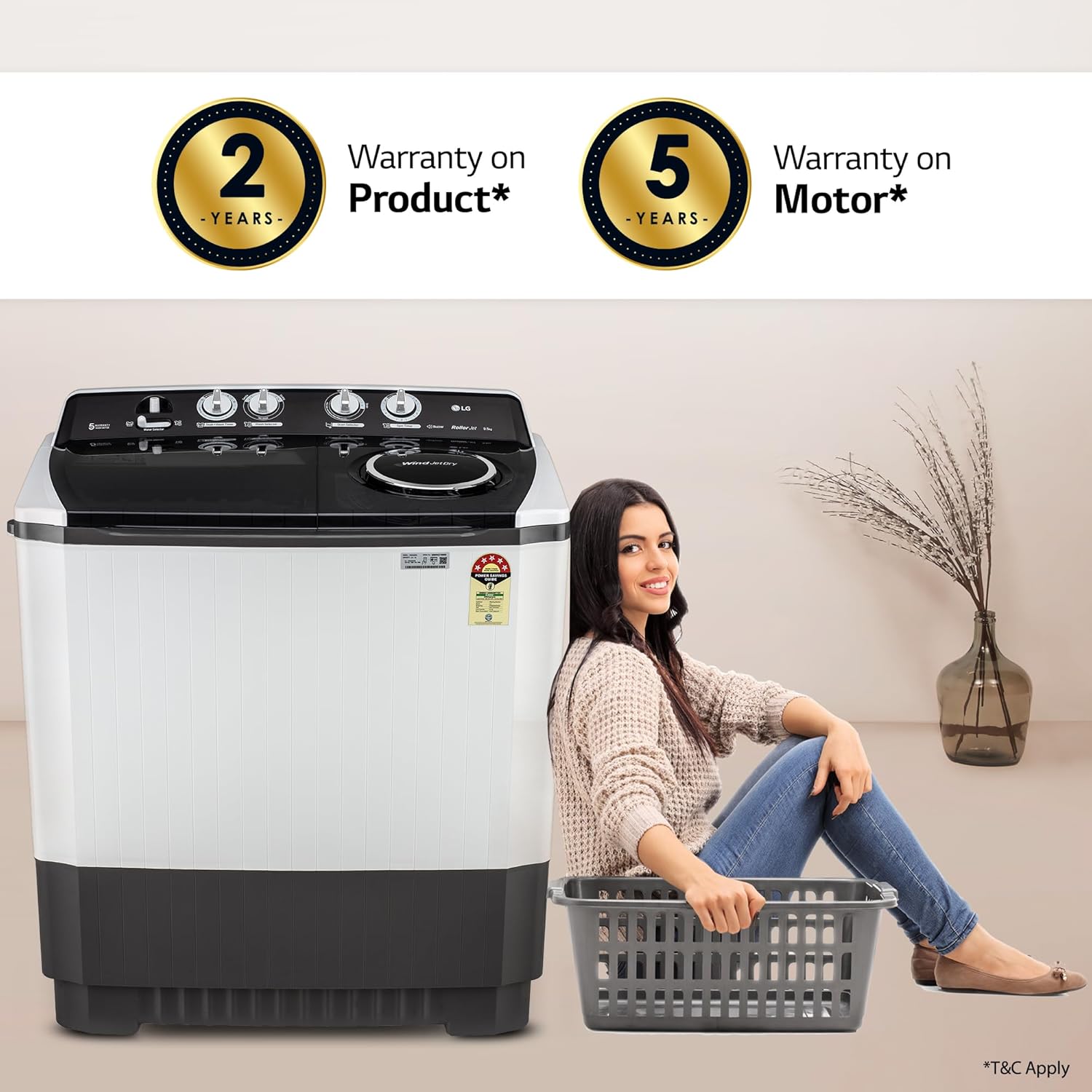 LG 9.5 kg 5 Star Wind jet dry Semi-Automatic Top Load Washing Machine