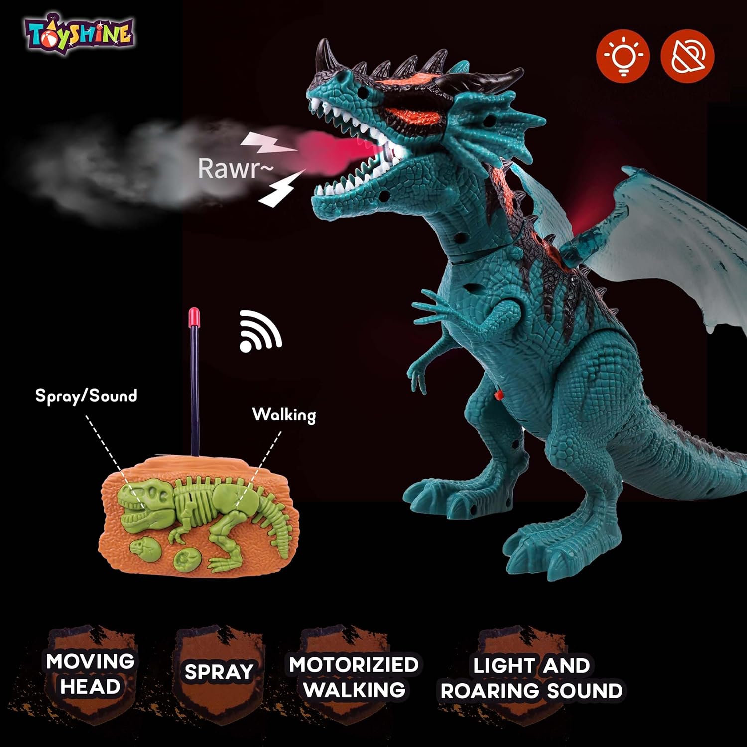Toyshine Remote Control Walking Dinosaur T-Rex with Water Mist Spray Function Wings Lights and Roaring Sound Electric