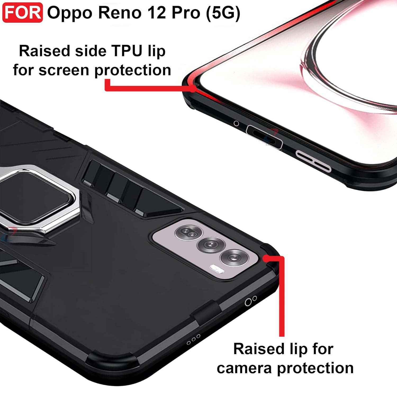 Protect Rugged Oppo Reno 12 Pro (5G) Kickstand Case | Built-in Stand Rotating Ring Holder | Military Grade Armor Bumper Back Cover