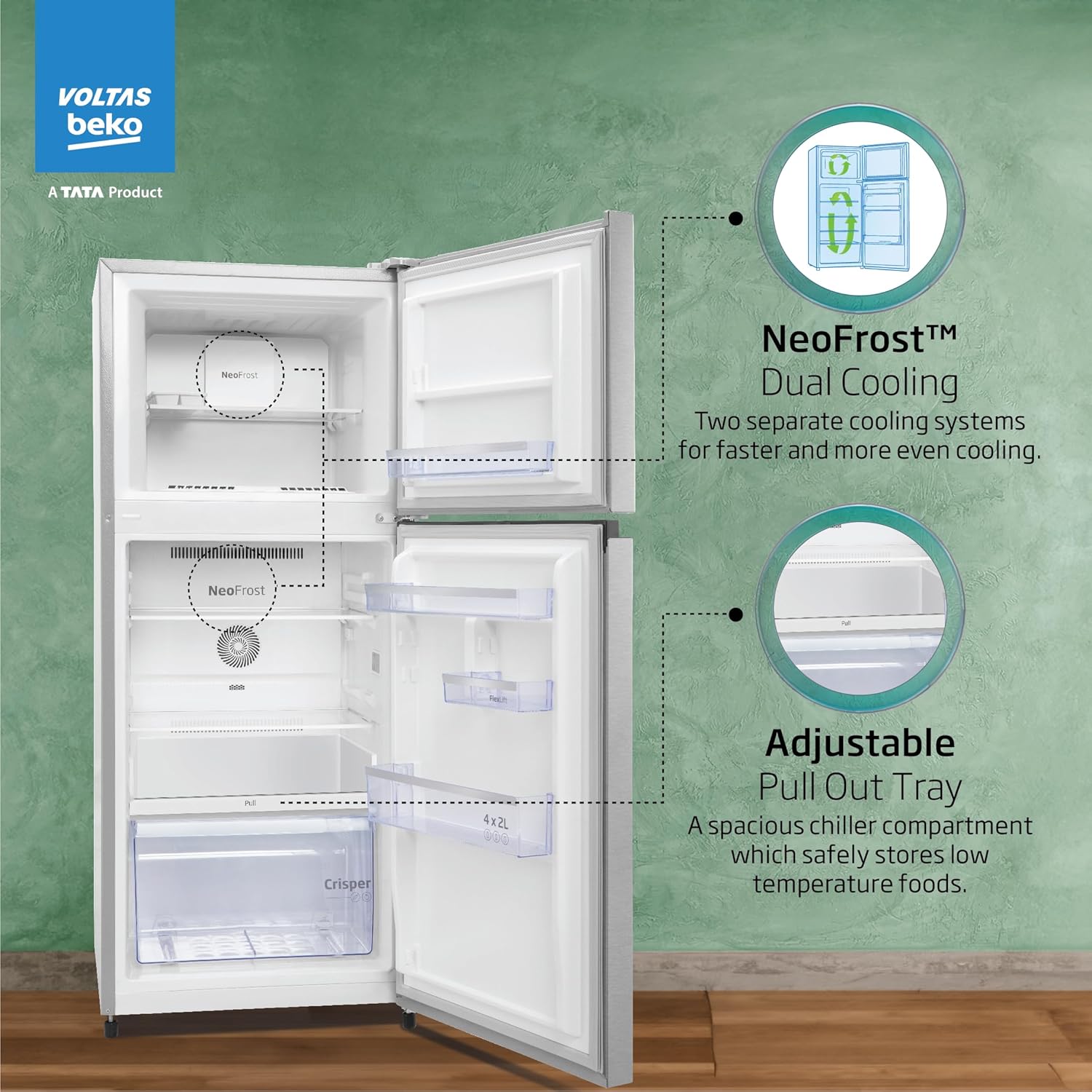 Voltas Beko, A Tata Product 228 L, 2-Star Made in India Double Door Frost Free Refrigerator