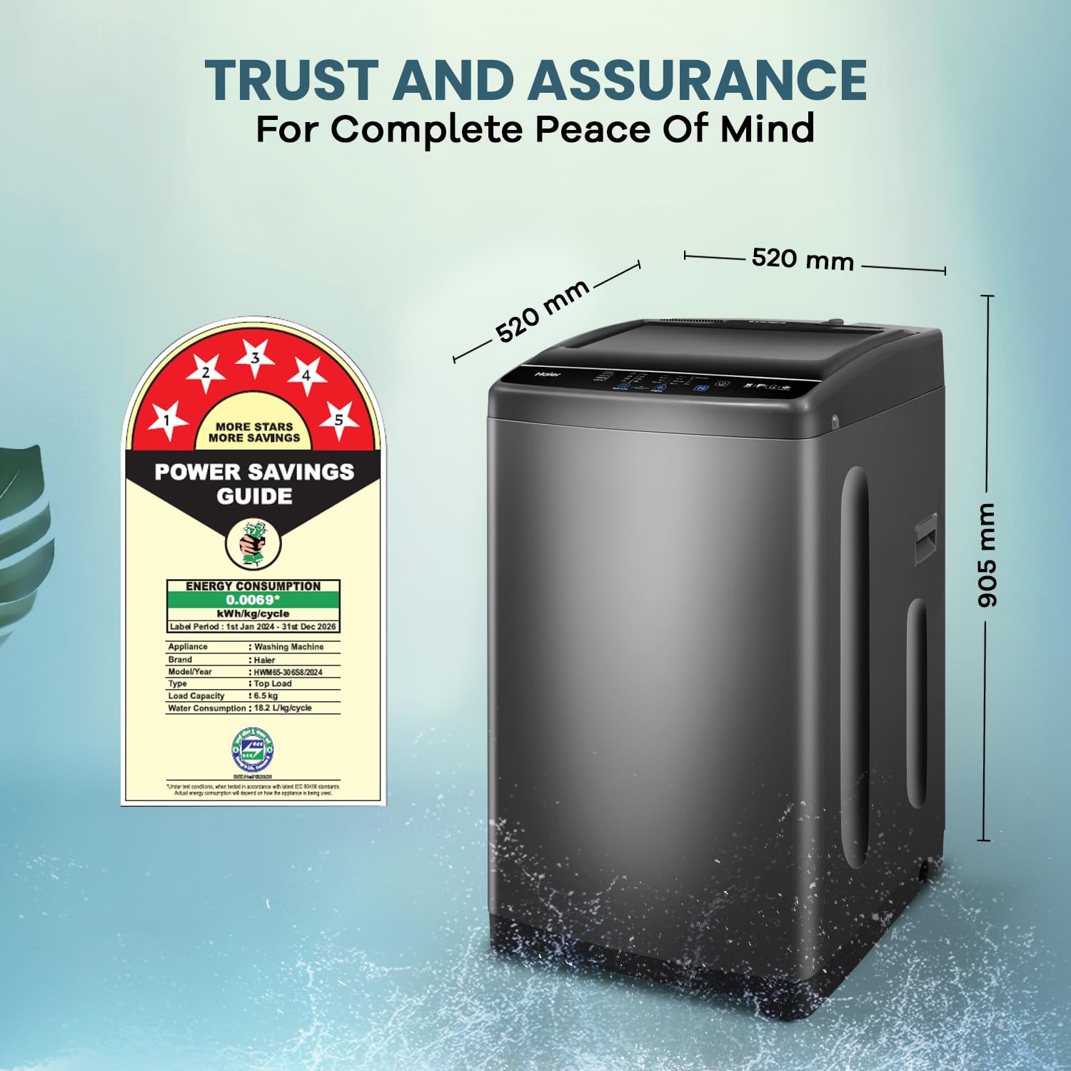 Haier 6.5 Kg, 5 Star, Oceanus Wave Technology Toughened Glass Fully Automatic Top Loading Washing Machine