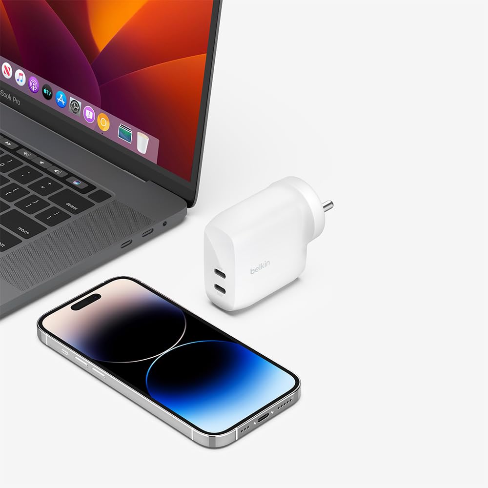 Belkin 60W (30w + 30W) Dual USB-C PPS Fast Charging Wall Charger/Adapter with 4-Port (2 USB-C & 2 USB-A) 2 Meter Power Extender