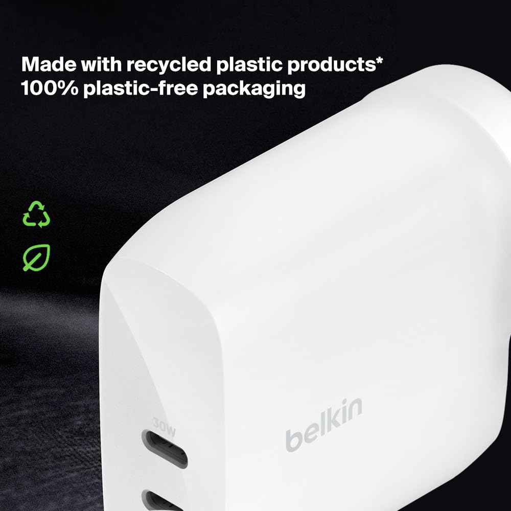 Belkin 60W (30w + 30W) Dual USB-C PPS Fast Charging Wall Charger/Adapter with 4-Port (2 USB-C & 2 USB-A) 2 Meter Power Extender