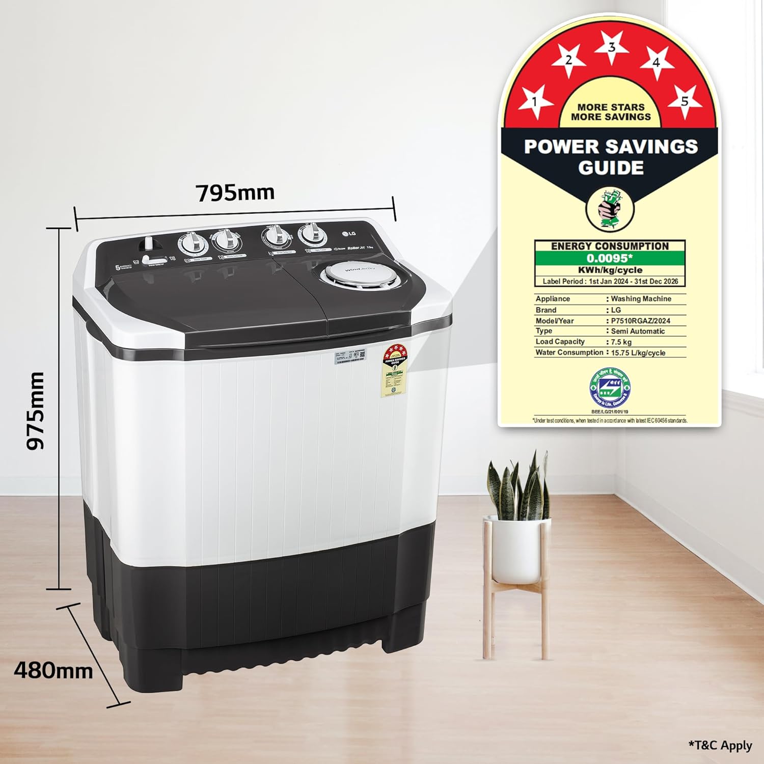 LG 7.5 kg 5 Star Wind jet dry Semi-Automatic Top Load Washing Machine