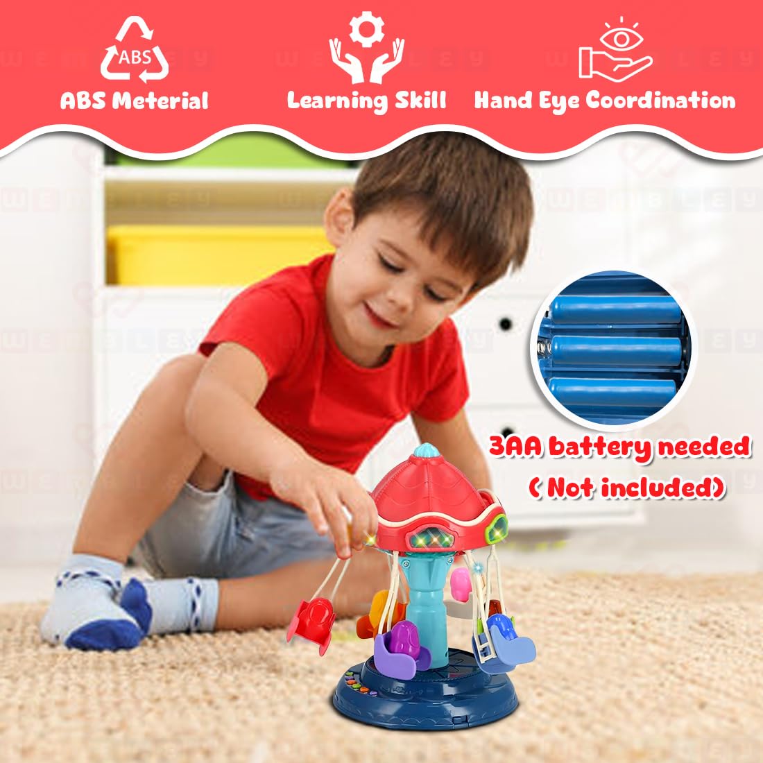 Wembley Merry Go Round Amusement Park Toy DIY Rotating Swing Carnival Ride with LED Lights & Music for Kids Toddlers Baby