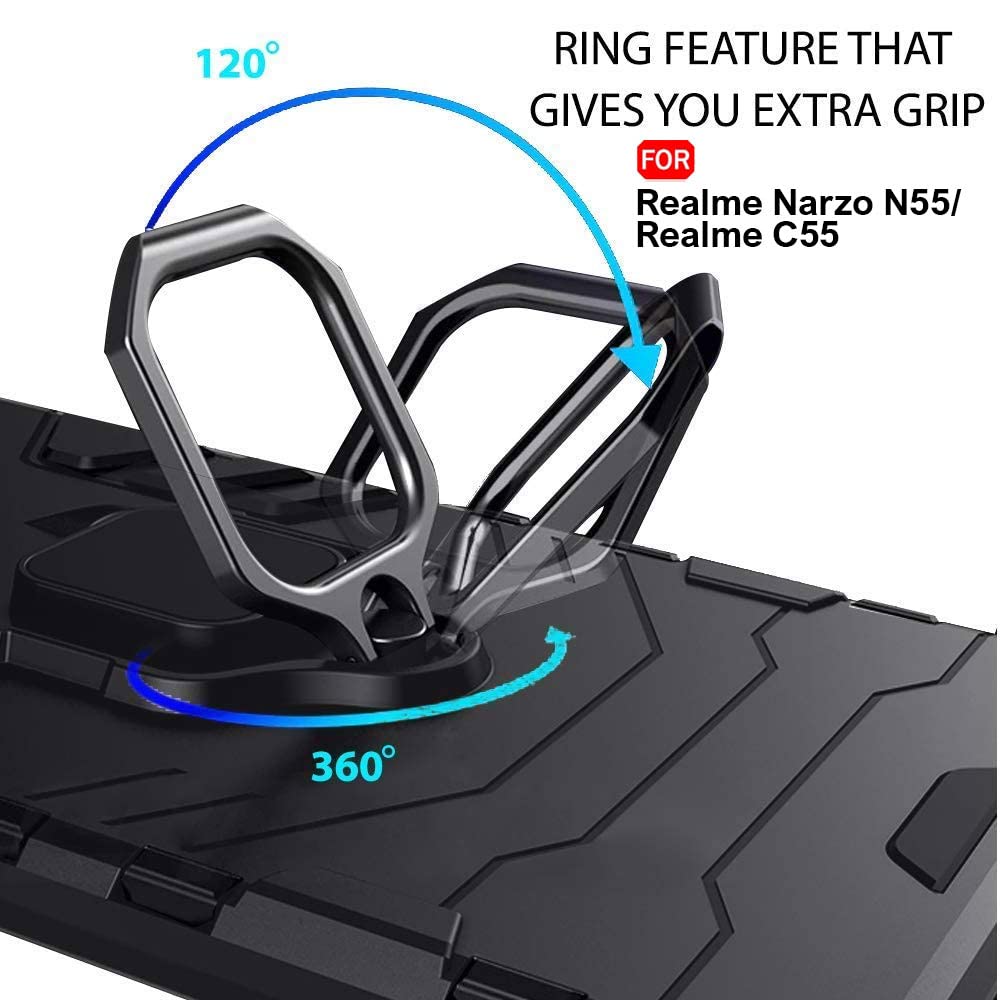 Protect Polycarbonate Tough Armor Bumper Back Case Cover For Realme Narzo C55 |Ring Holder & Kickstand In-Built|360 Degree Protection Back Case