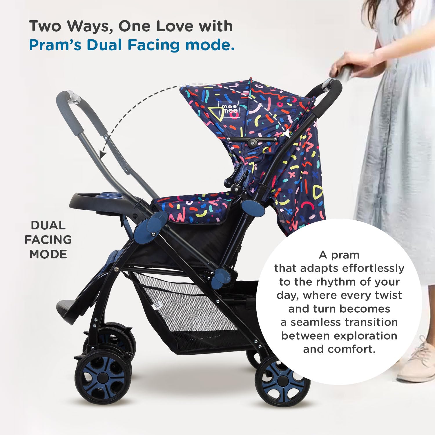 Mee Mee Cozy Cruise Baby Stroller/ Pram | Premium Pram, Easily Foldable with 5 Point Safety Harness, One Hand Fold, Multi Level Recline Cushioned Seat, Canopy & Footrest | Fully Rotating