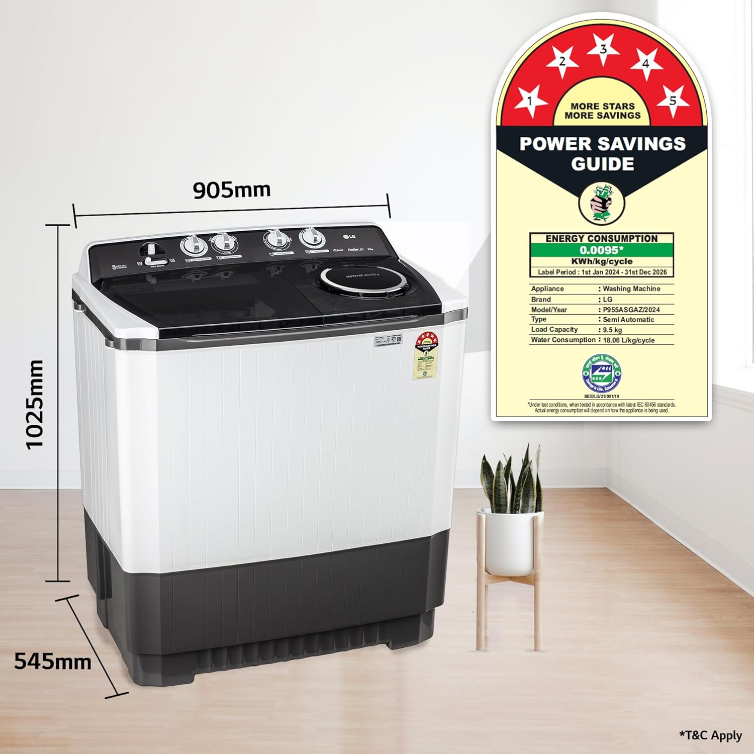LG 9.5 kg 5 Star Wind jet dry Semi-Automatic Top Load Washing Machine