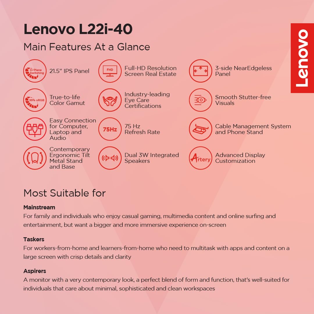 Lenovo L-Series Full HD LED Backlit IPS Panel with 99% sRGB, HDMI 1.4, VGA, 2X3W Speakers,Tilt Stand, for Home & Office use, Ultraslim Monitor