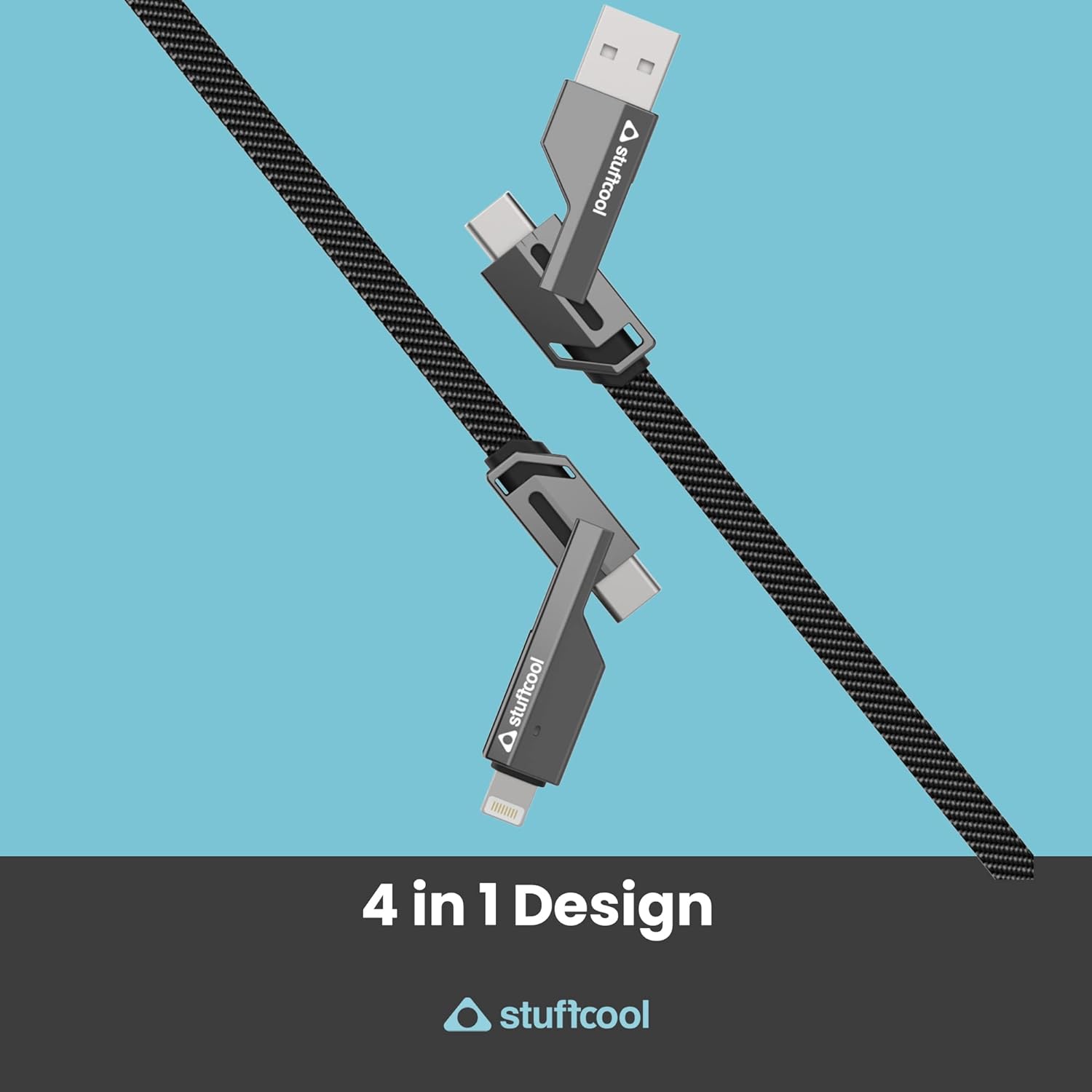 Stuffcool Quad Pro 4 in 1 Metal Flat Braided Indestructible Cable 1.5m 60W Data Cable