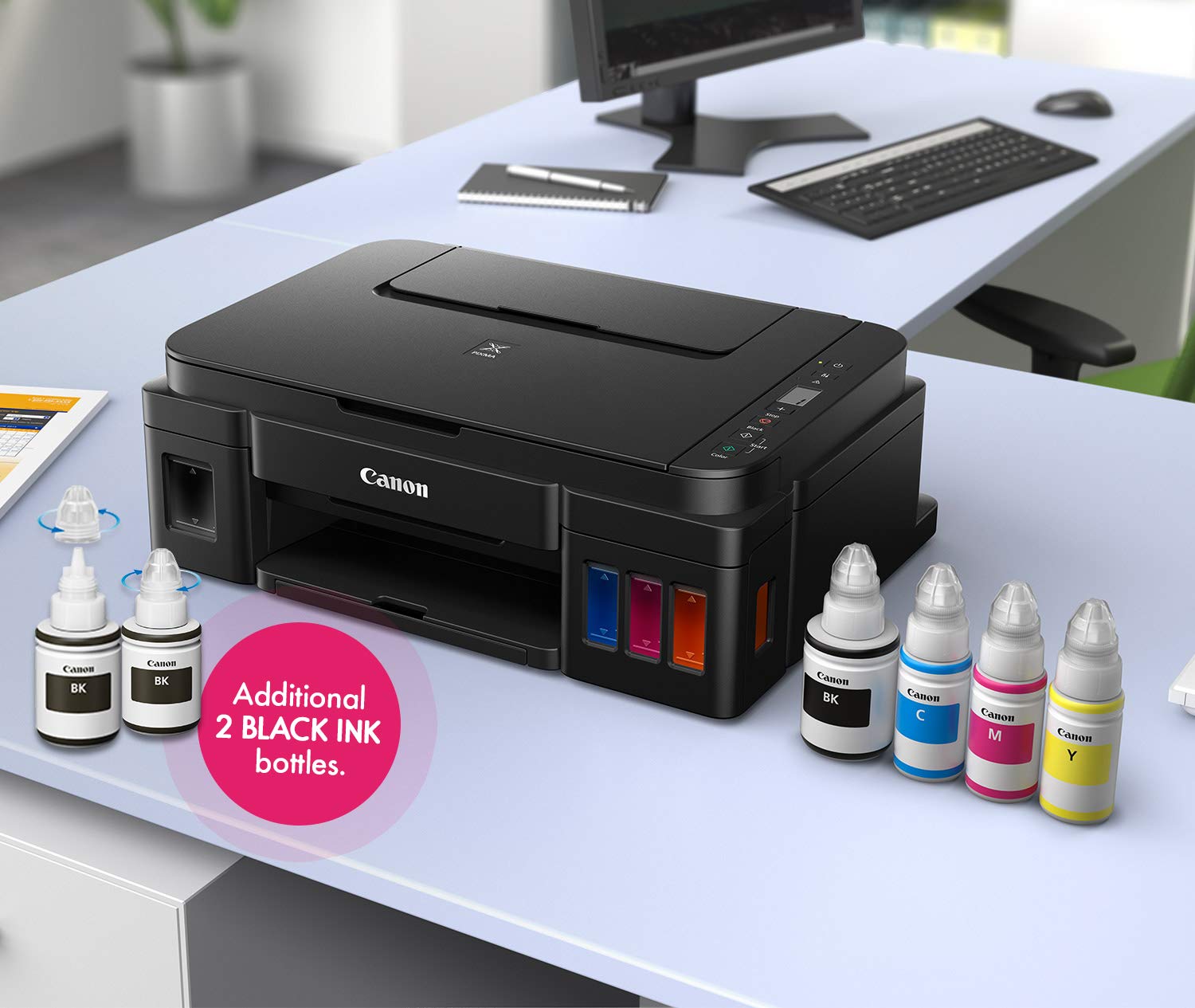 Canon PIXMA Mega Efficient G3012 Multi-function WiFi Color Ink Tank Printer (Color Page Cost: 0.21 Rs. | Black Page Cost: 0.09 Rs. | Borderless Printing) with 2 additional Black Ink Bottles (6 Ink Bottles Included)