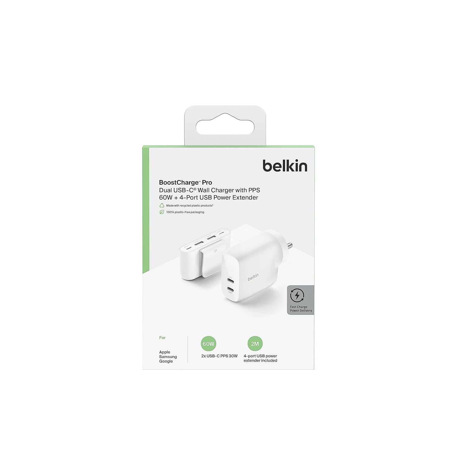 Belkin 60W (30w + 30W) Dual USB-C PPS Fast Charging Wall Charger/Adapter with 4-Port (2 USB-C & 2 USB-A) 2 Meter Power Extender