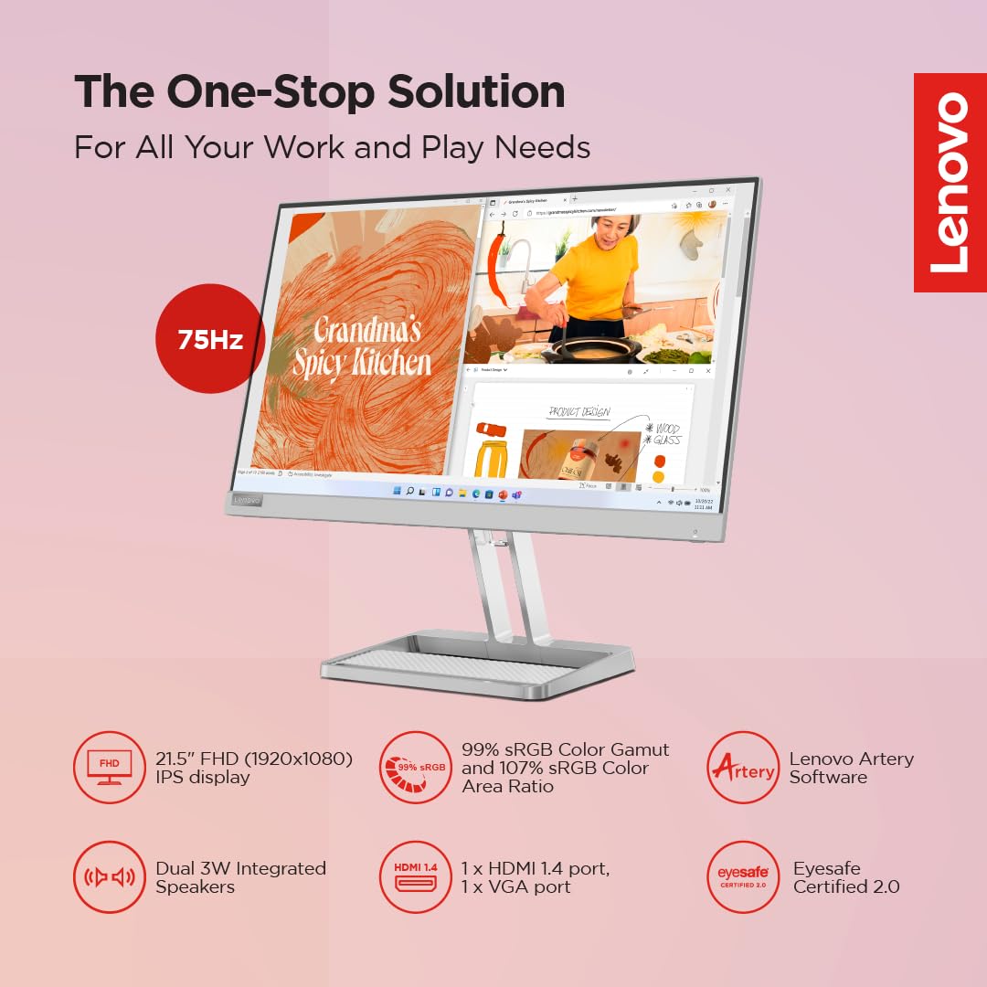 Lenovo L-Series Full HD LED Backlit IPS Panel with 99% sRGB, HDMI 1.4, VGA, 2X3W Speakers,Tilt Stand, for Home & Office use, Ultraslim Monitor