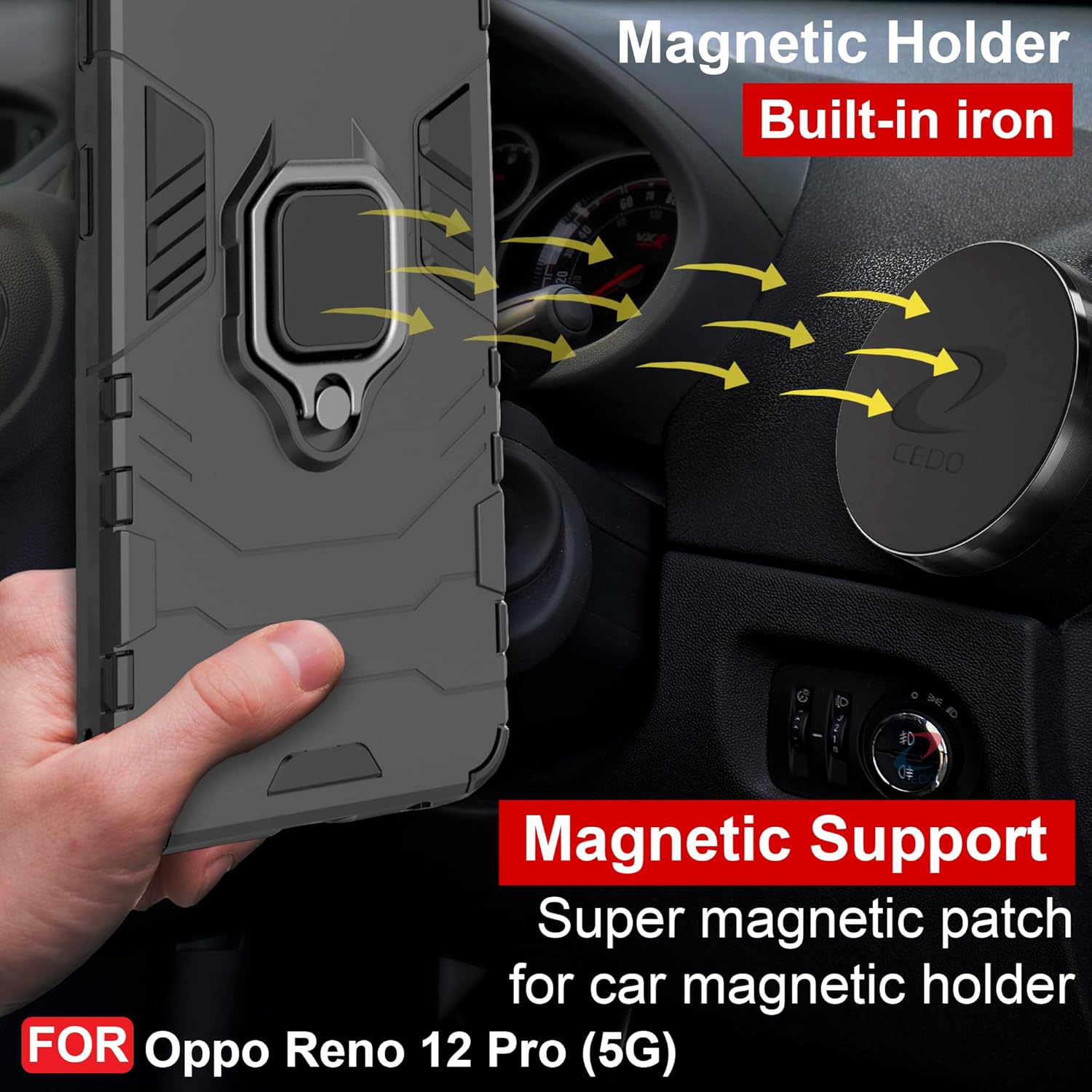 Protect Rugged Oppo Reno 12 Pro (5G) Kickstand Case | Built-in Stand Rotating Ring Holder | Military Grade Armor Bumper Back Cover