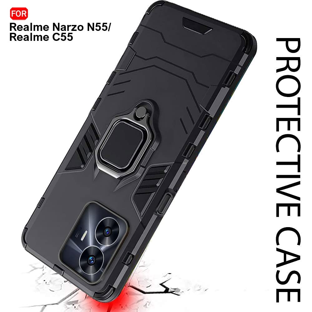 Protect Polycarbonate Tough Armor Bumper Back Case Cover For Realme Narzo C55 |Ring Holder & Kickstand In-Built|360 Degree Protection Back Case
