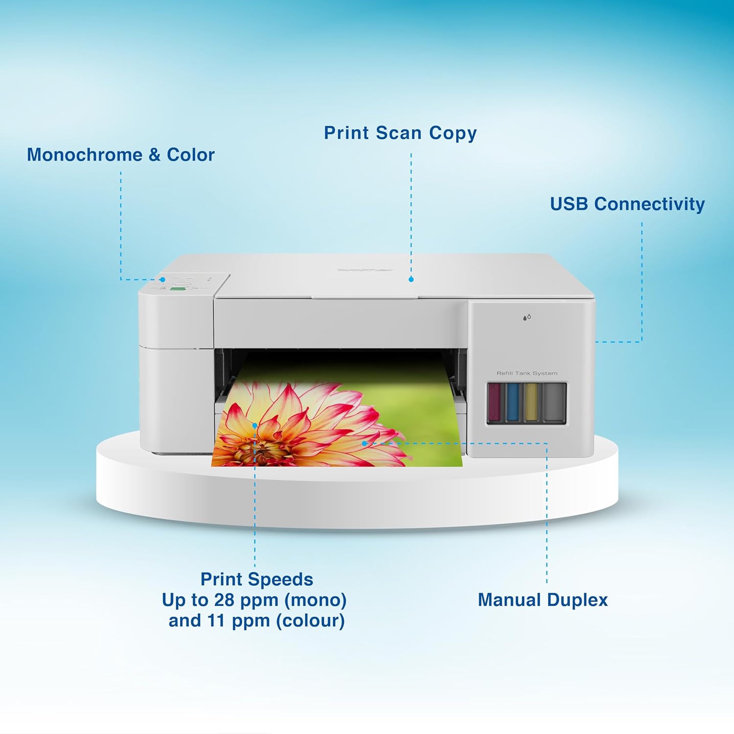 brother DCP-T226 Multi-function Color Ink Tank Printer (Borderless Printing) ideal for Home Usage for Print, Scan & Copy (4 Ink Bottles Included)