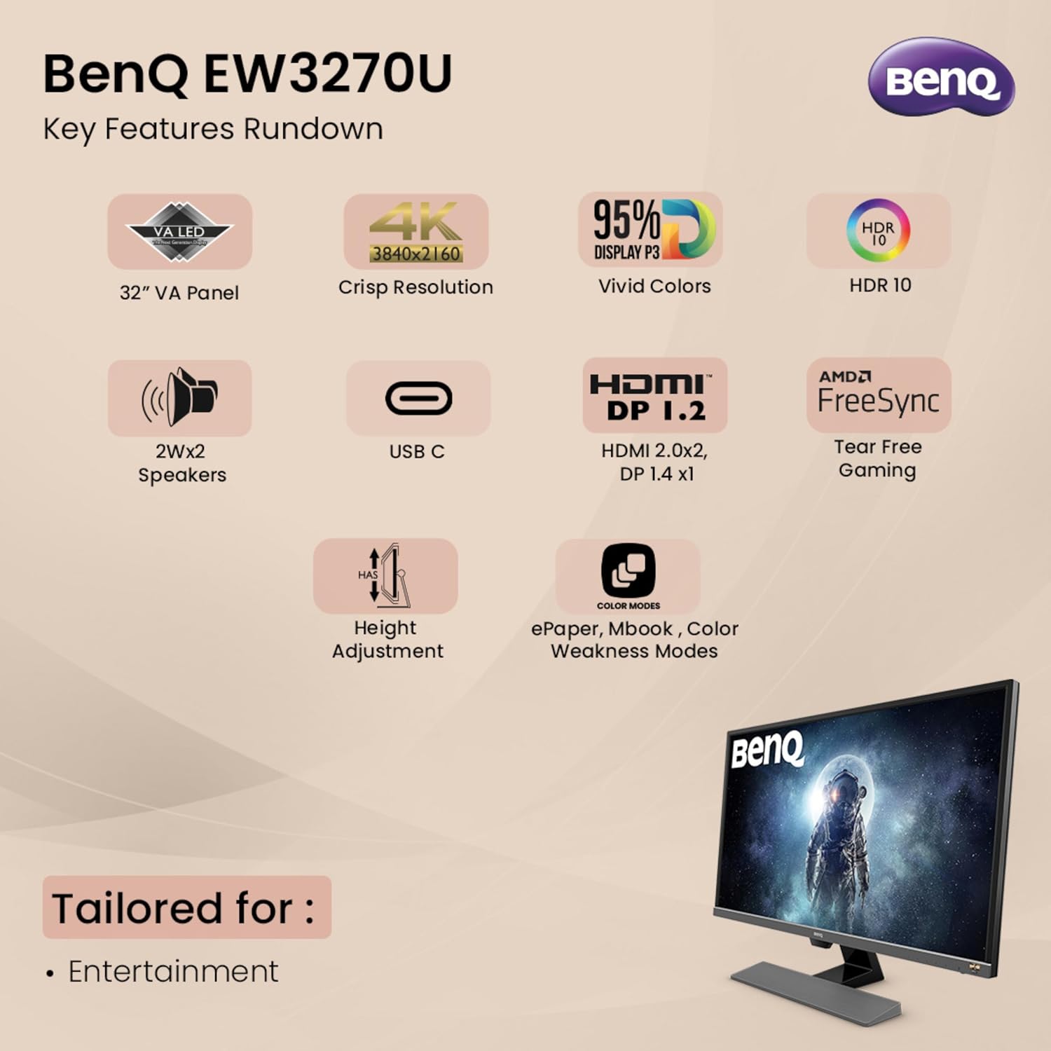 Benq 4K Ultra HD LED Backlit VA Panel Premium HDR10 Bezel-Less, Anti-Glare, Brightness Intelligence Plus, 2Wx2 Speakers, 95% DCI-P3, HDMI, DP, USB-C monitor Monitor