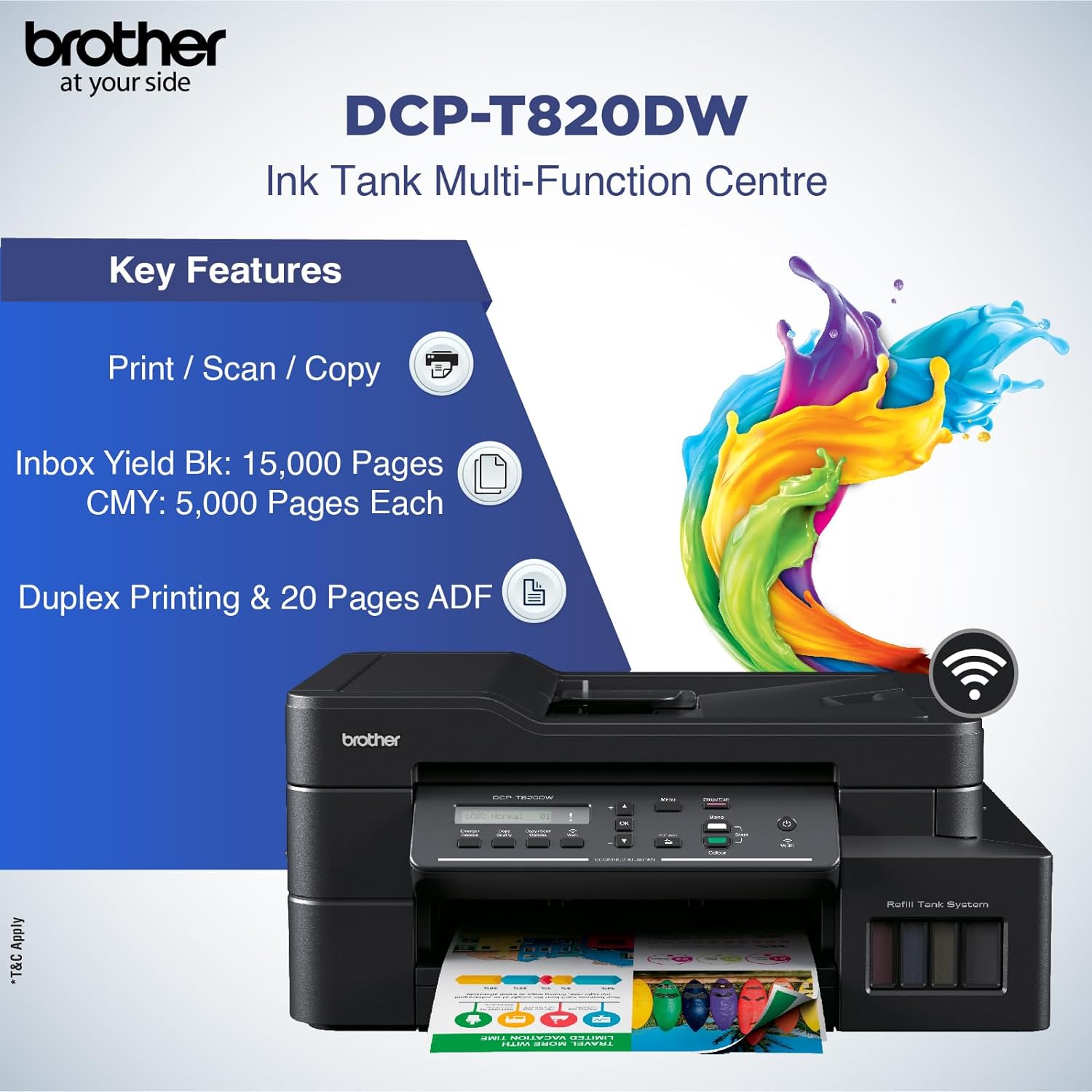 brother DCP-T820DW Multi-function WiFi Color Ink Tank Printer with Auto Duplex feature ideal for Home & Office Usage