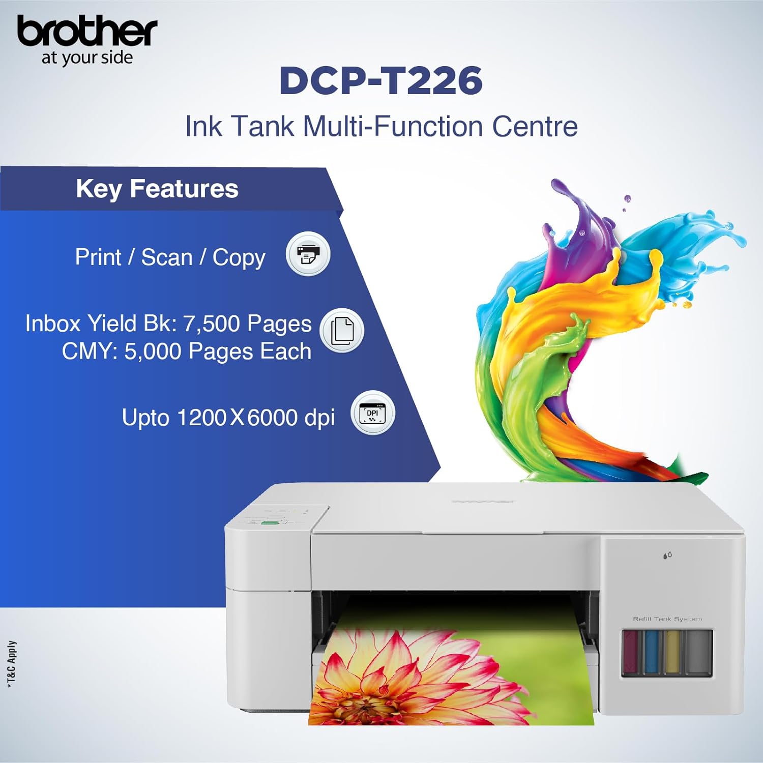 brother DCP-T226 Multi-function Color Ink Tank Printer (Borderless Printing) ideal for Home Usage for Print, Scan & Copy (4 Ink Bottles Included)