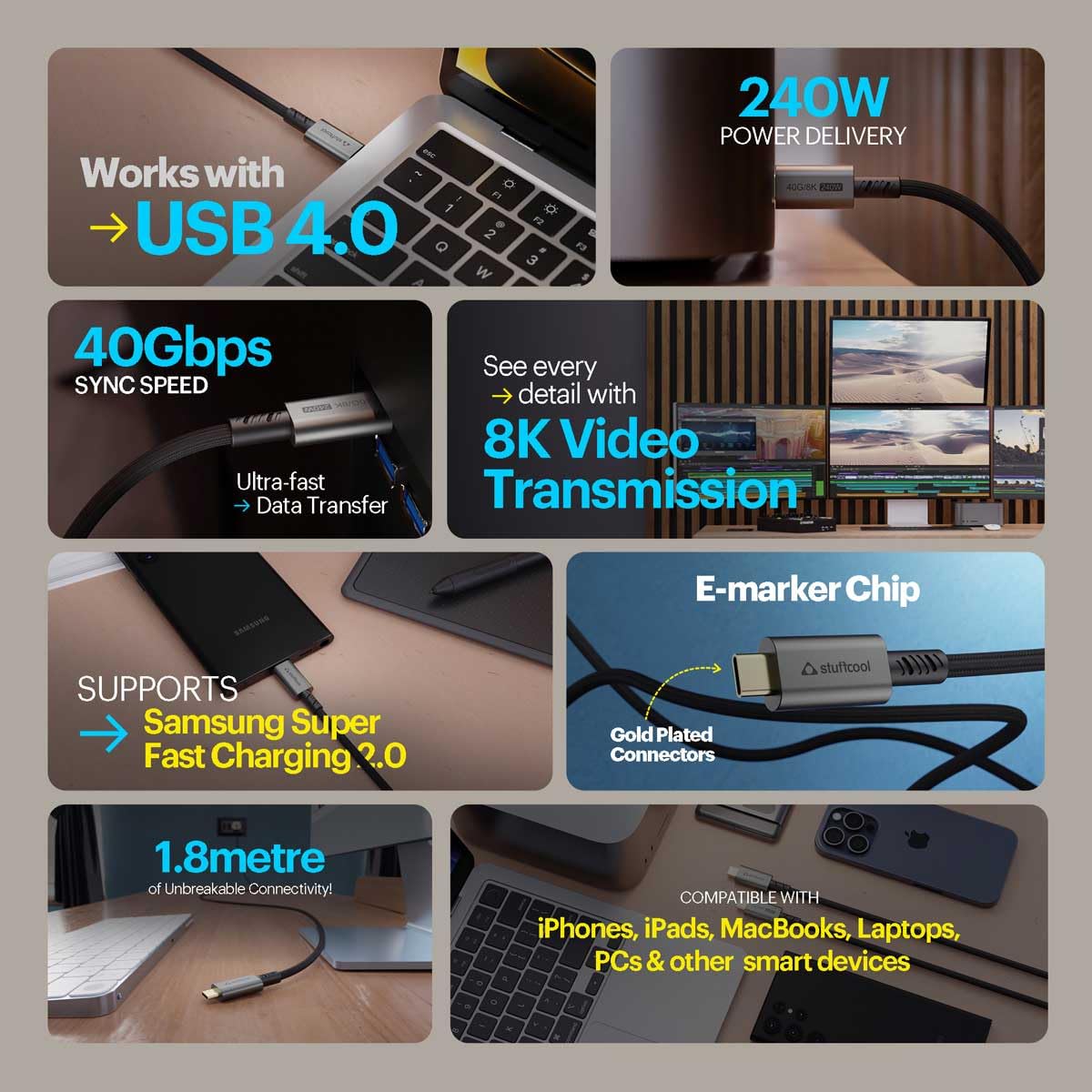 Stuffcool Primus USB 4 Type-C to Type-C Cable with 240W Power and 40Gbps Data with 8K Video Transmission Data Cable