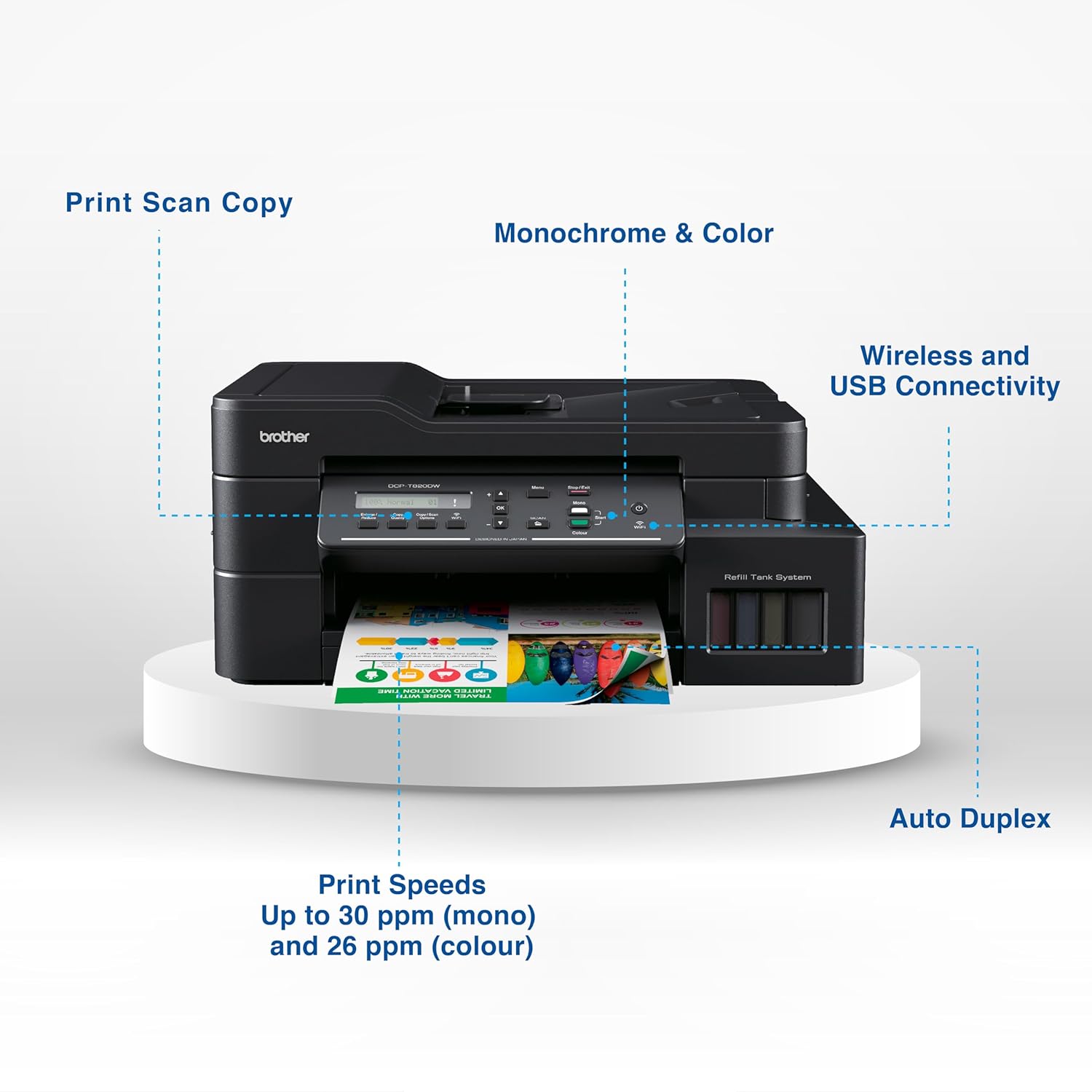 brother DCP-T820DW Multi-function WiFi Color Ink Tank Printer with Auto Duplex feature ideal for Home & Office Usage