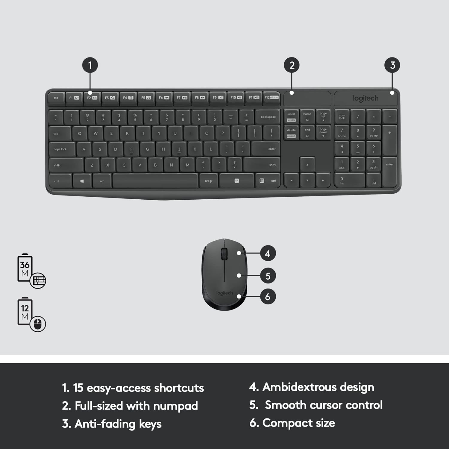 Logitech MK235 Full-Sized, 15 FN Keys, 3-Year Battery Life Combo Mouse and Wireless Laptop Keyboard