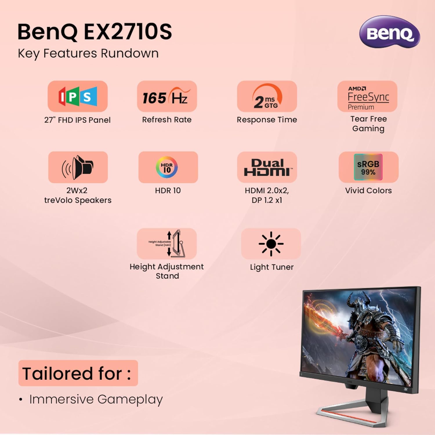 Benq Full HD LED Backlit IPS Panel Bezel-Less HDR with Height Adjust, 99% sRGB, Black Equalizer, 2.5Wx2 treVolo Speakers, HDMI, DP Gaming Monitor